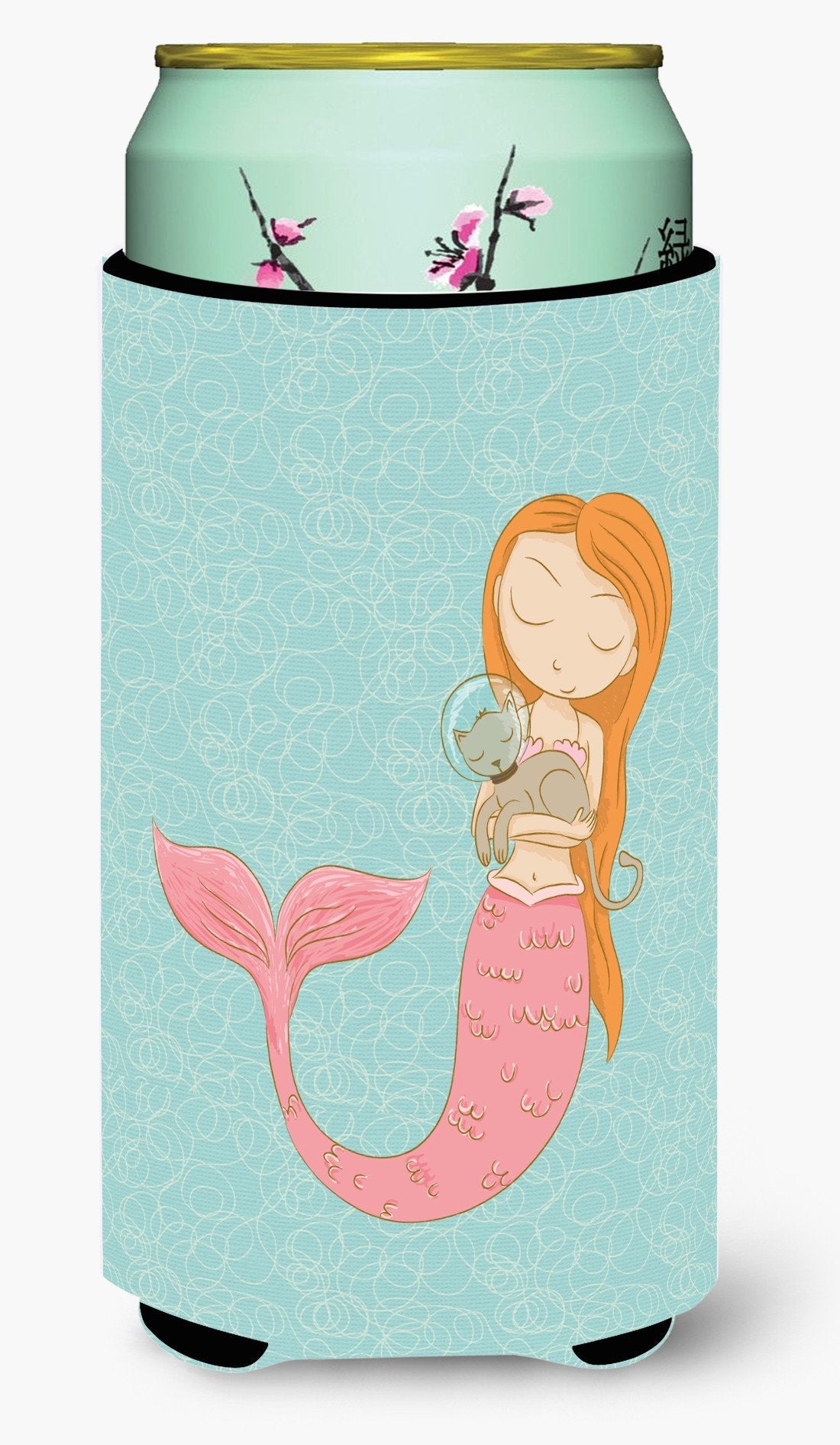 Mermaid with Cat Tall Boy Hugger Can Cooler Sleeve Machine Washable Drink Collapsible Insulator Beverage Insulated Holder