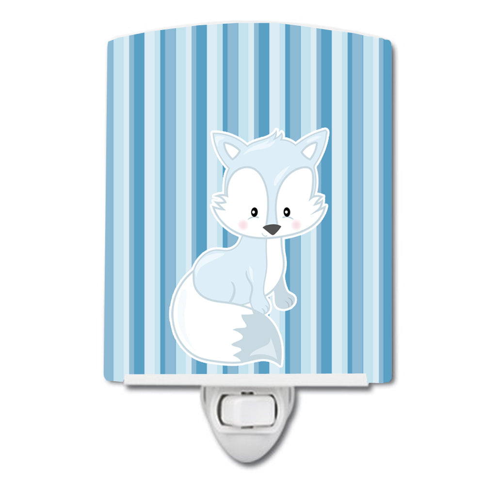 Fox on Blue Stripes Ceramic Night Light Compact, UL-Certified, Ideal for Bedroom, Bathroom, Nursery, Hallway, Kitchen, 6x4x3, Multicolor