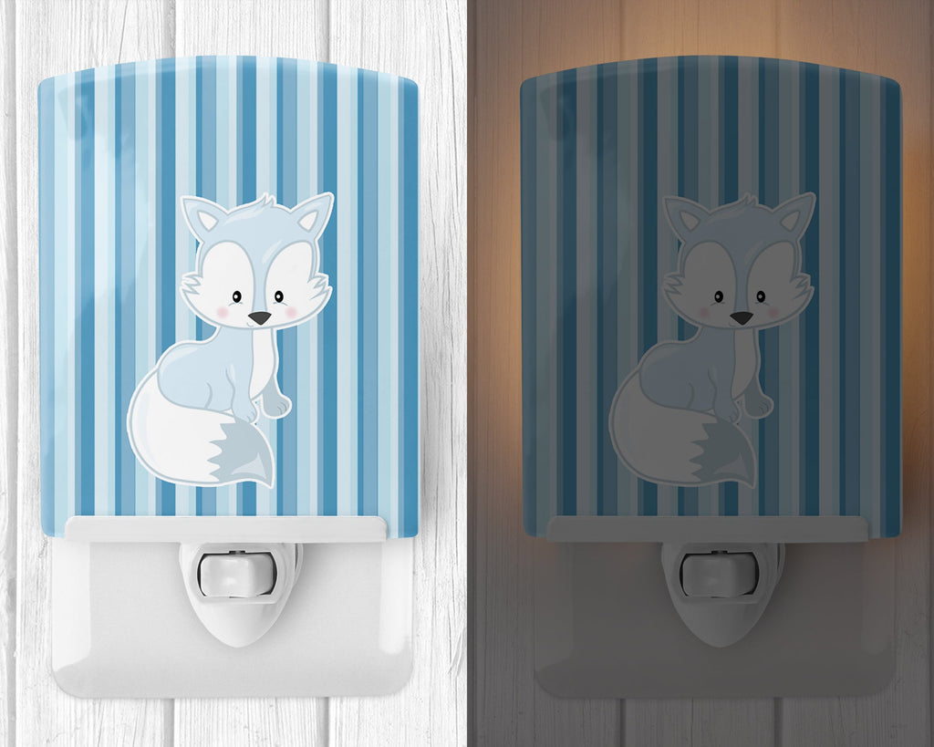 Fox on Blue Stripes Ceramic Night Light Compact, UL-Certified, Ideal for Bedroom, Bathroom, Nursery, Hallway, Kitchen, 6x4x3, Multicolor
