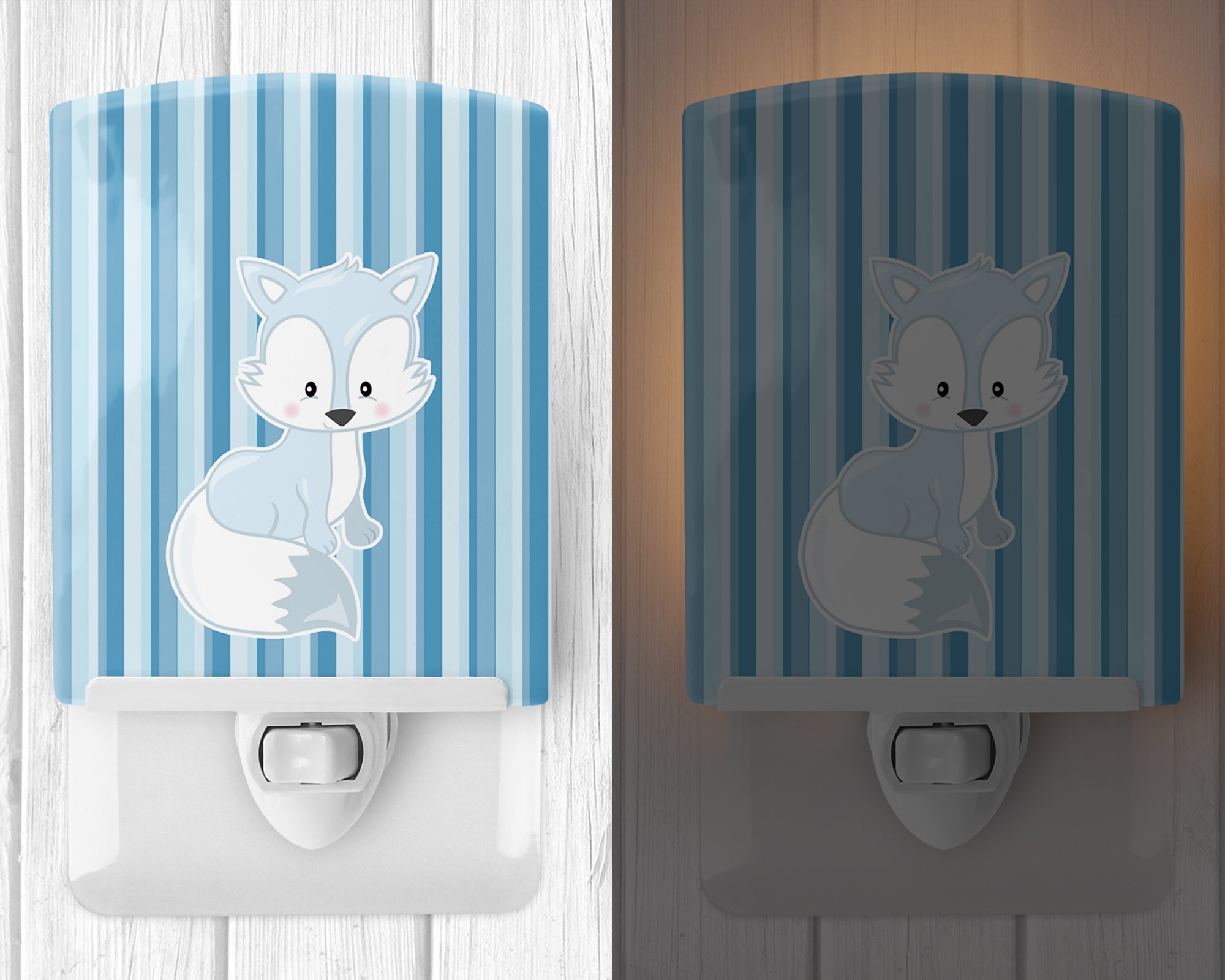 Fox on Blue Stripes Ceramic Night Light Compact, UL-Certified, Ideal for Bedroom, Bathroom, Nursery, Hallway, Kitchen, 6x4x3, Multicolor