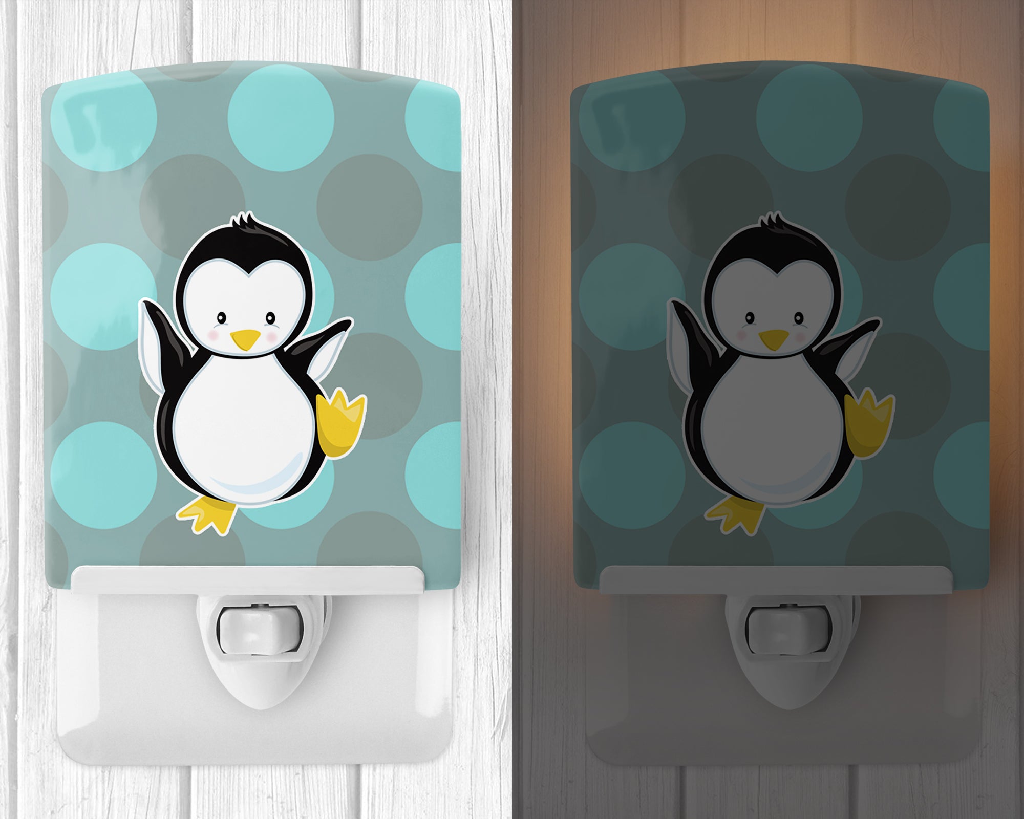Penguin on Polkadot Ceramic Night Light Compact, UL-Certified, Ideal for Bedroom, Bathroom, Nursery, Hallway, Kitchen, 6x4x3, Multicolor