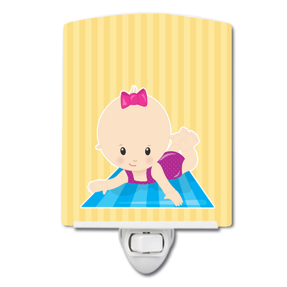 Beach Baby Girl on Mat Ceramic Night Light Compact, UL-Certified, Ideal for Bedroom, Bathroom, Nursery, Hallway, Kitchen, 6x4x3, Multicolor