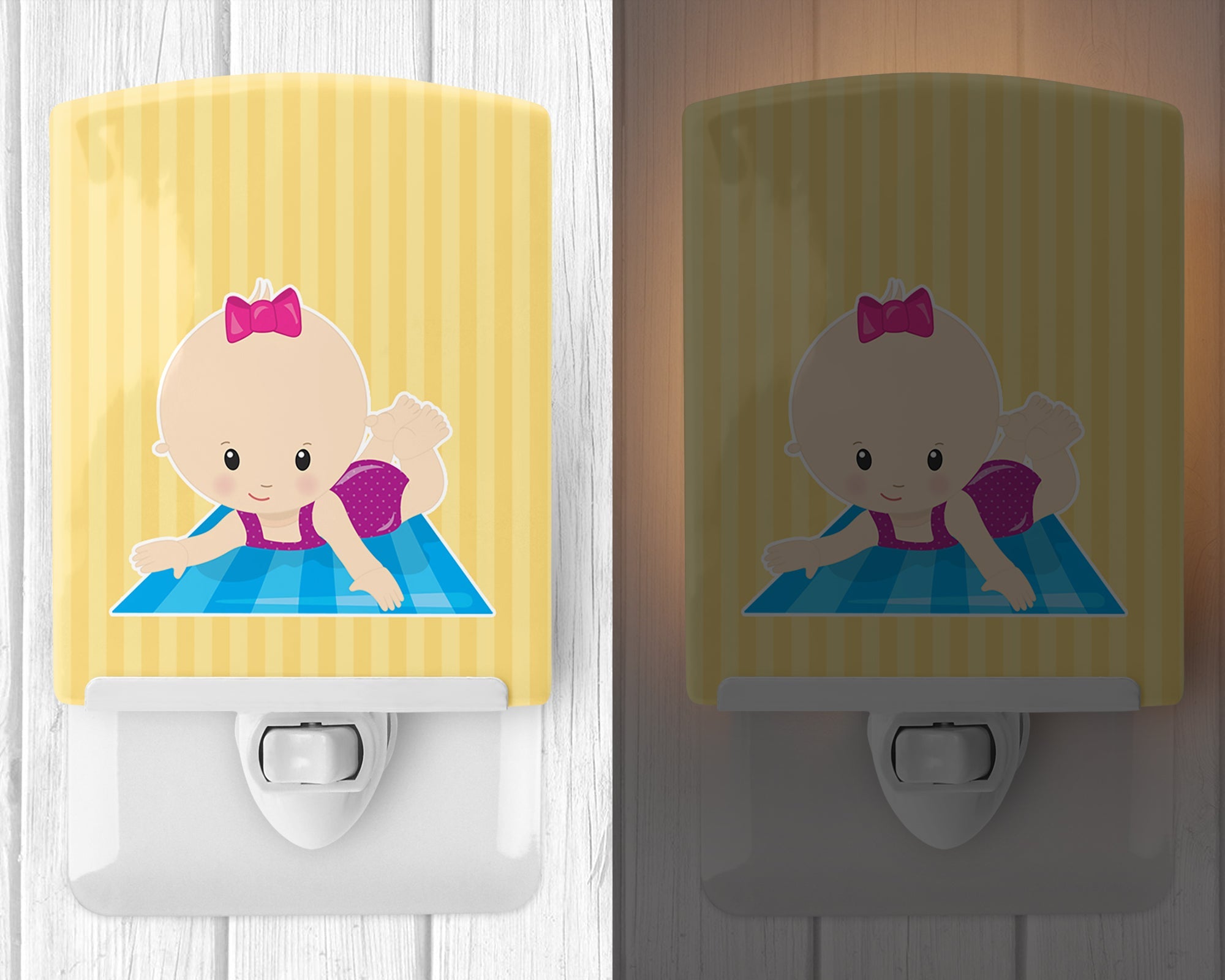 Beach Baby Girl on Mat Ceramic Night Light Compact, UL-Certified, Ideal for Bedroom, Bathroom, Nursery, Hallway, Kitchen, 6x4x3, Multicolor