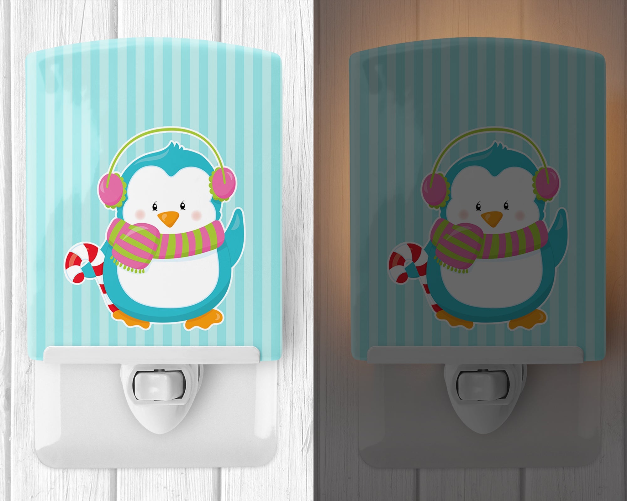 Christmas Penguin and Stripes Ceramic Night Light Compact, UL-Certified, Ideal for Bedroom, Bathroom, Nursery, Hallway, Kitchen, 6x4x3, Multicolor