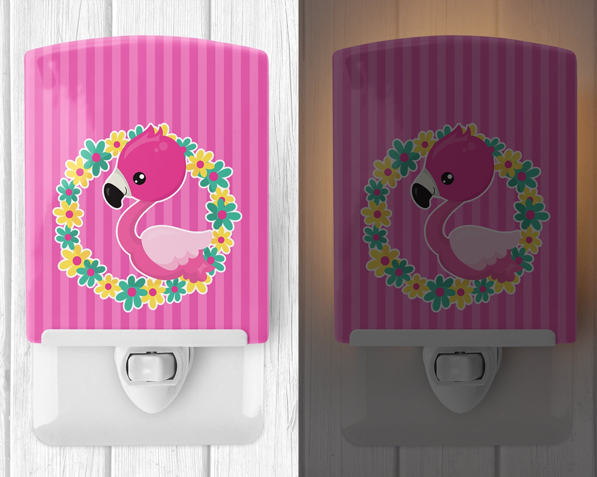 Flamingo Flower Wreath Ceramic Night Light Compact, UL-Certified, Ideal for Bedroom, Bathroom, Nursery, Hallway, Kitchen, 6x4x3, Multicolor