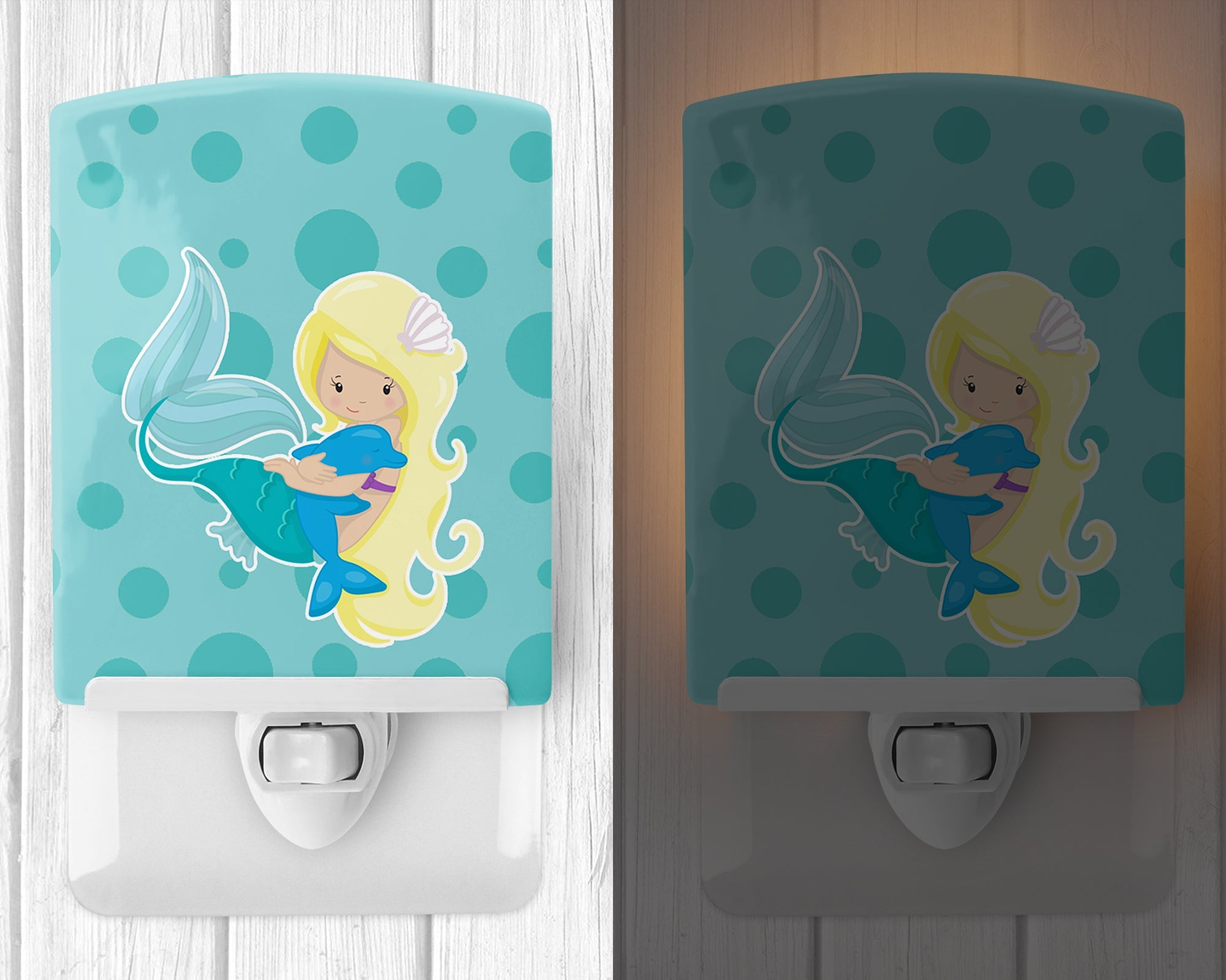 Beach Mermaid Blue Ceramic Night Light Compact, UL-Certified, Ideal for Bedroom, Bathroom, Nursery, Hallway, Kitchen, 6x4x3, Multicolor
