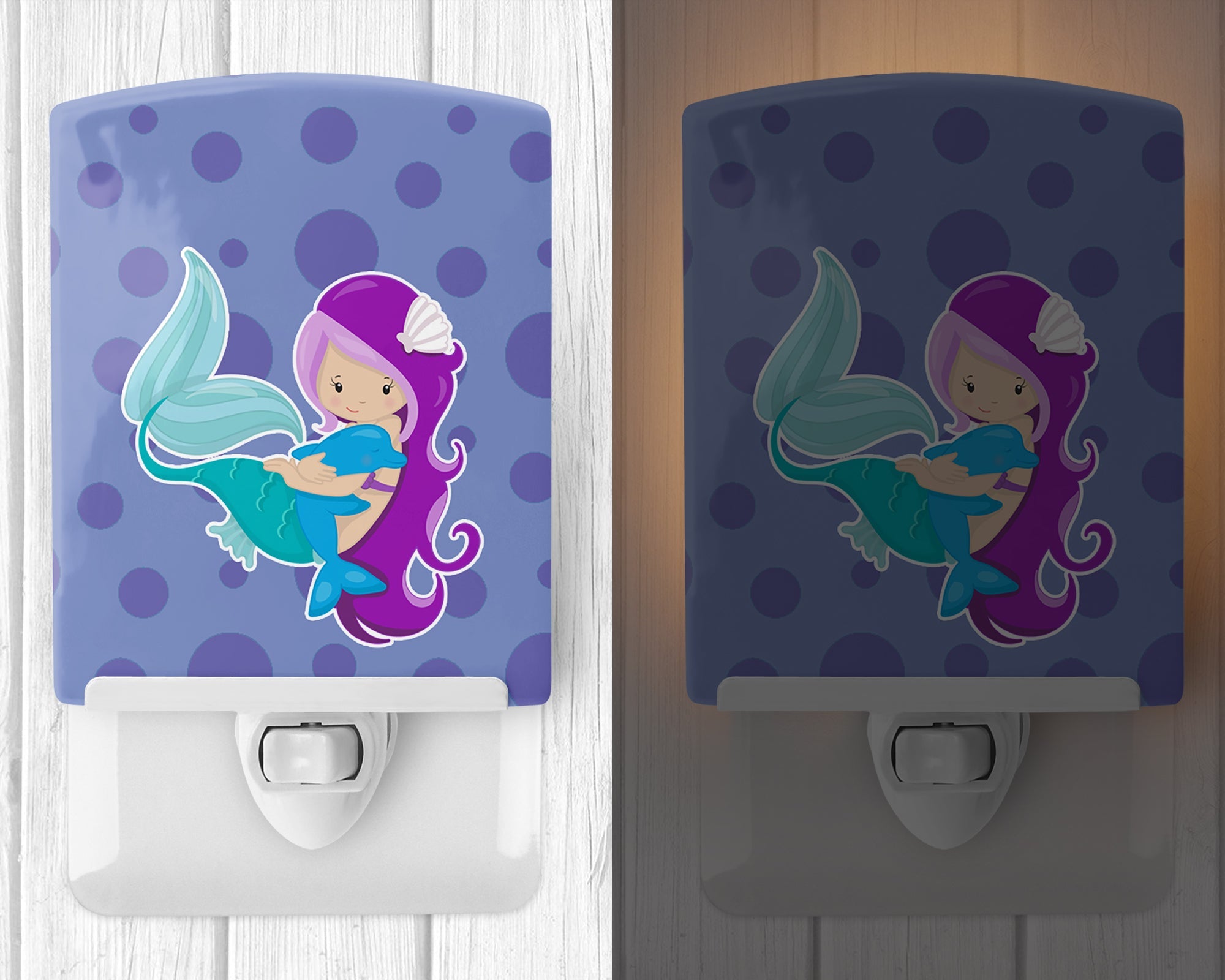 Beach Mermaid Purple Ceramic Night Light Compact, UL-Certified, Ideal for Bedroom, Bathroom, Nursery, Hallway, Kitchen, 6x4x3, Multicolor