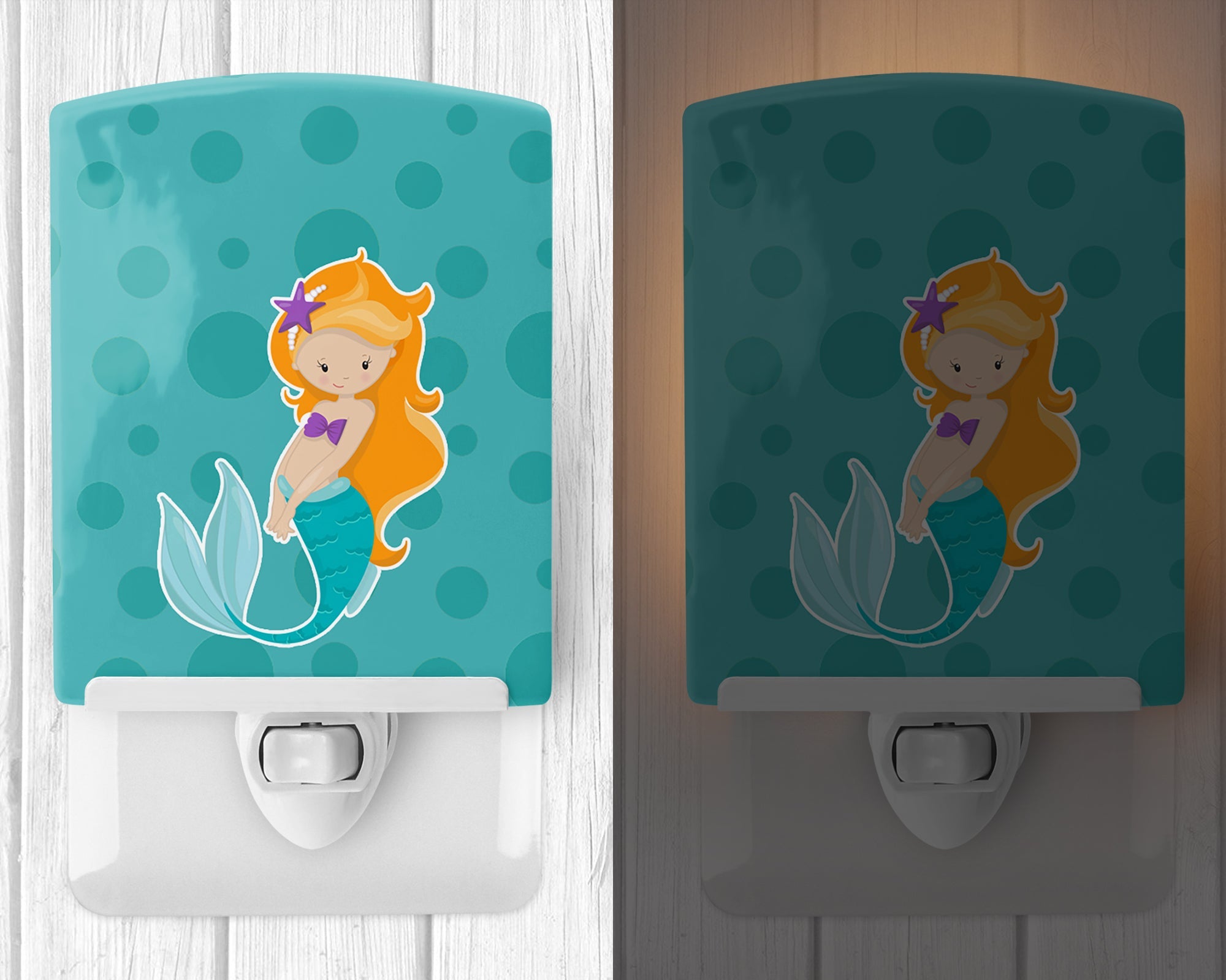 Beach Mermaid Ginger Ceramic Night Light Compact, UL-Certified, Ideal for Bedroom, Bathroom, Nursery, Hallway, Kitchen, 6x4x3, Multicolor