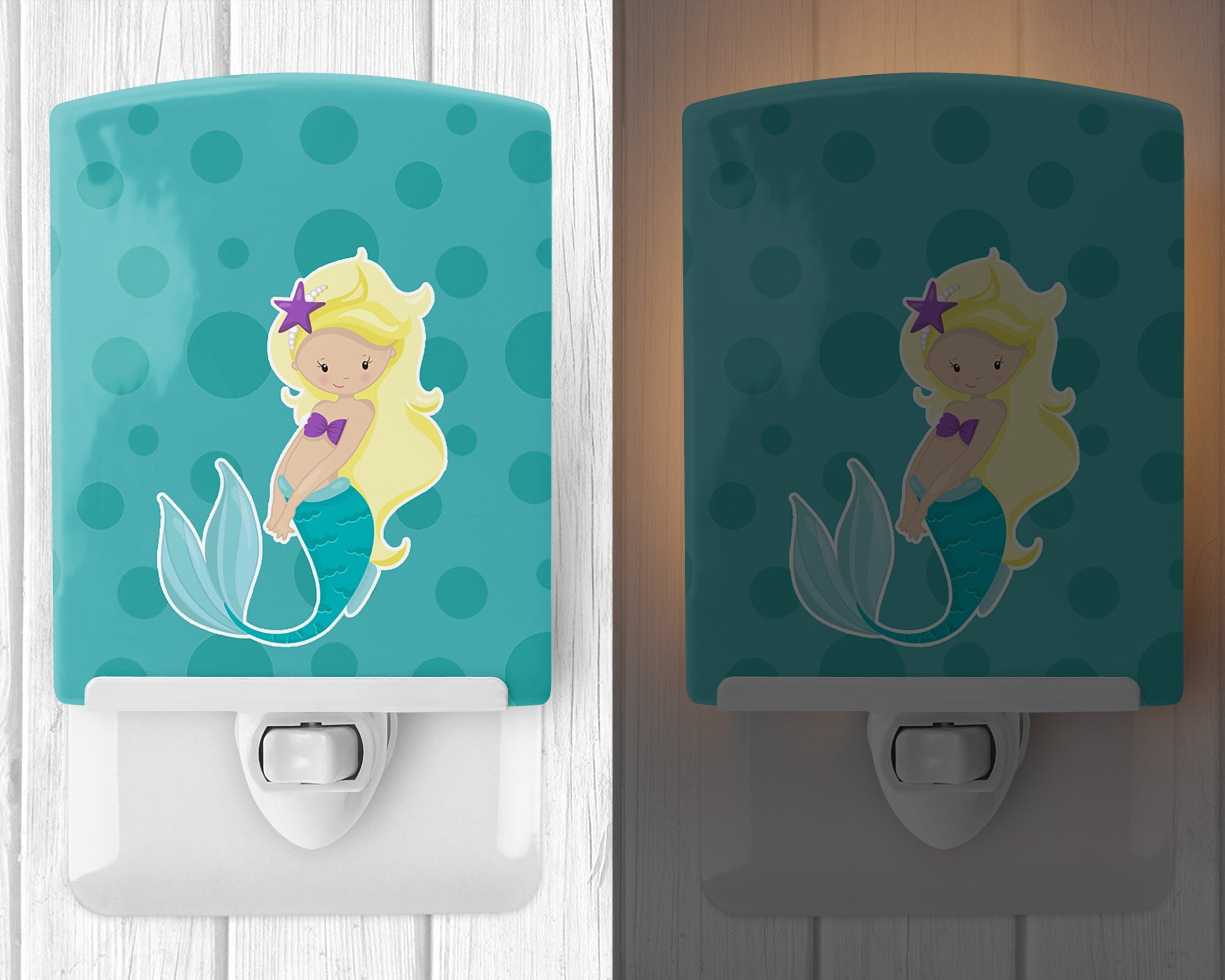 Beach Mermaid Blonde Hair Ceramic Night Light Compact, UL-Certified, Ideal for Bedroom, Bathroom, Nursery, Hallway, Kitchen, 6x4x3, Multicolor