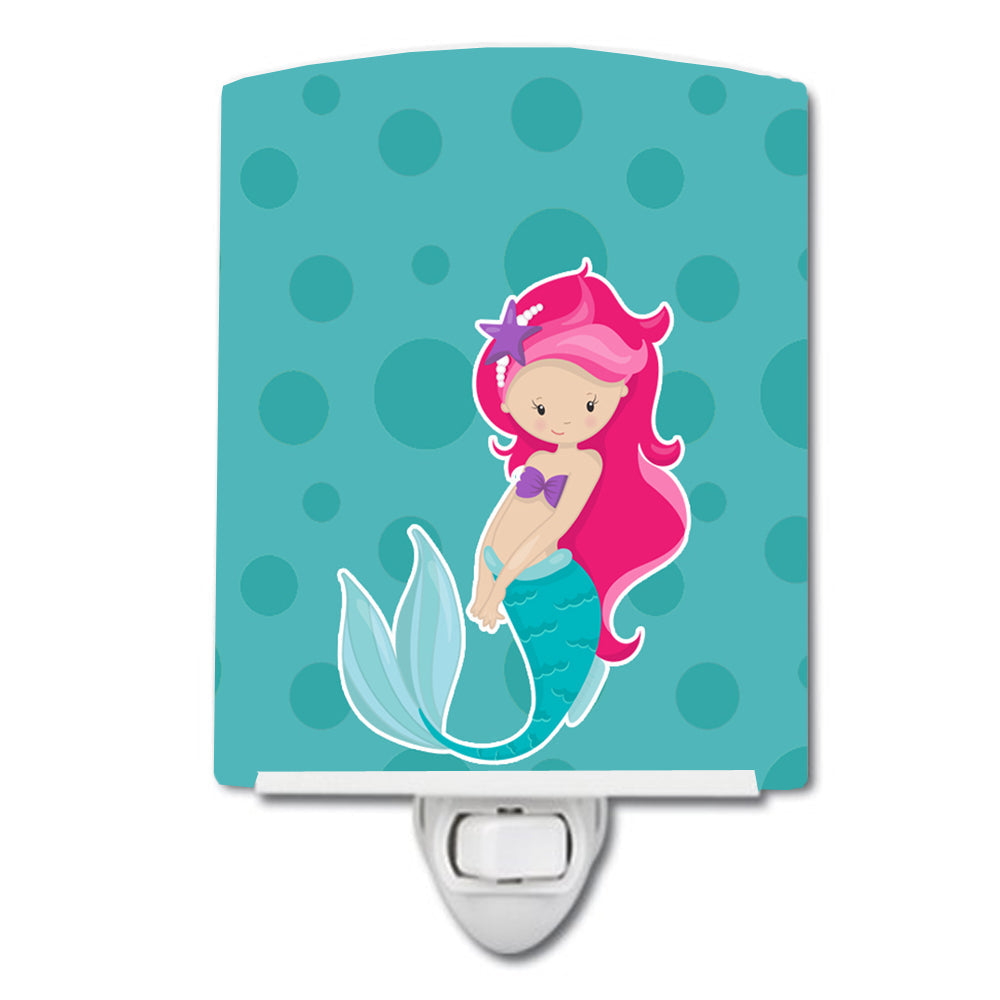 Beach Mermaid Pink Hair Ceramic Night Light Compact, UL-Certified, Ideal for Bedroom, Bathroom, Nursery, Hallway, Kitchen, 6x4x3, Multicolor