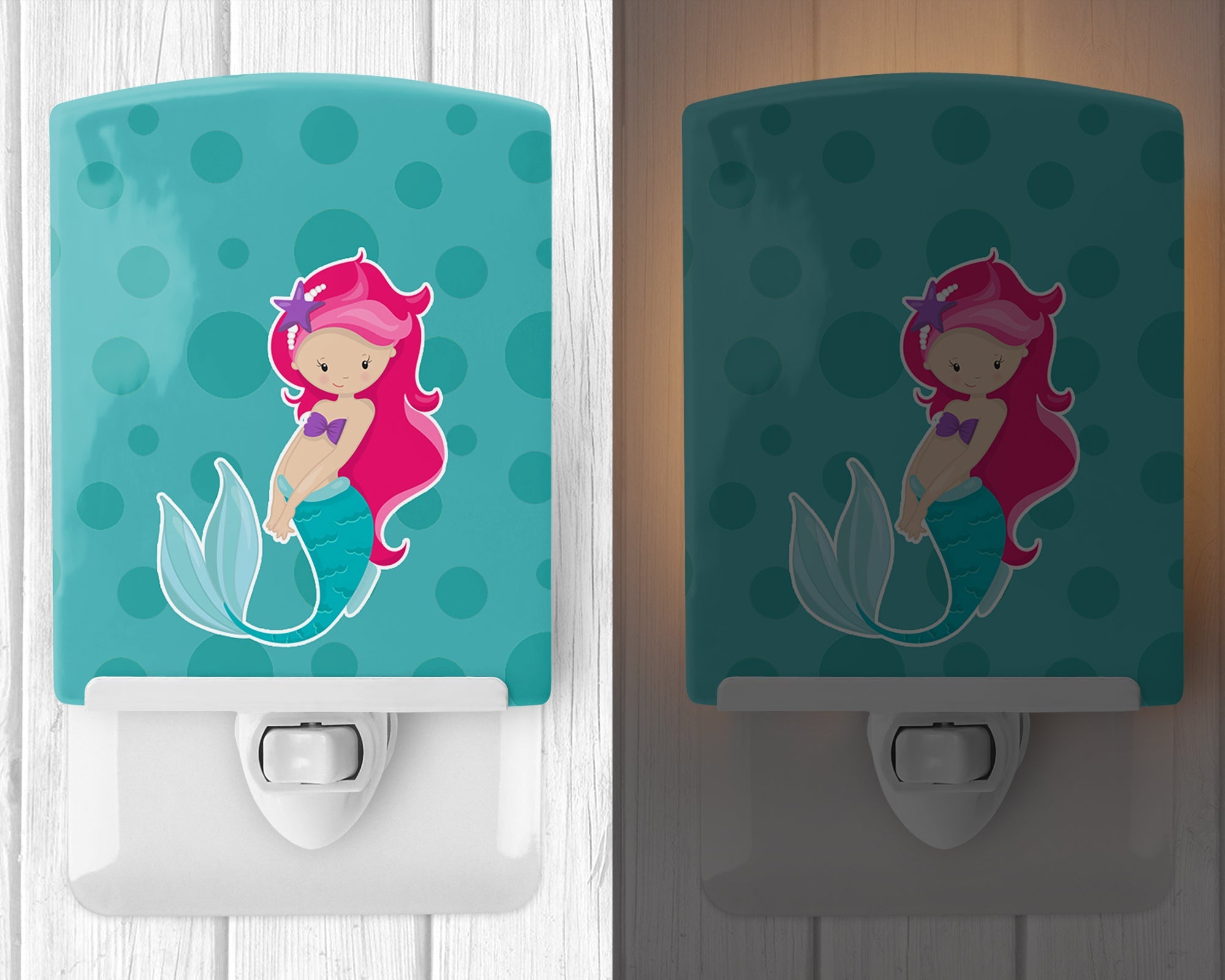 Beach Mermaid Pink Hair Ceramic Night Light Compact, UL-Certified, Ideal for Bedroom, Bathroom, Nursery, Hallway, Kitchen, 6x4x3, Multicolor