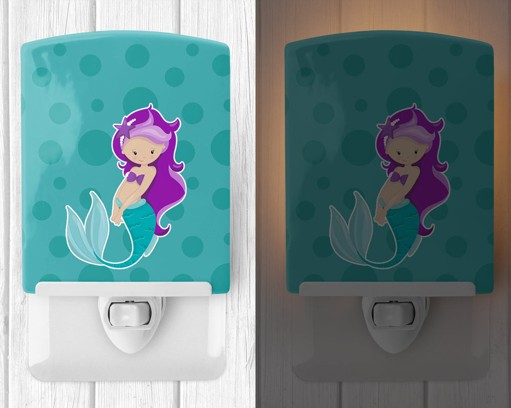 Beach Mermaid Purple Hair Ceramic Night Light Compact, UL-Certified, Ideal for Bedroom, Bathroom, Nursery, Hallway, Kitchen, 6x4x3, Multicolor