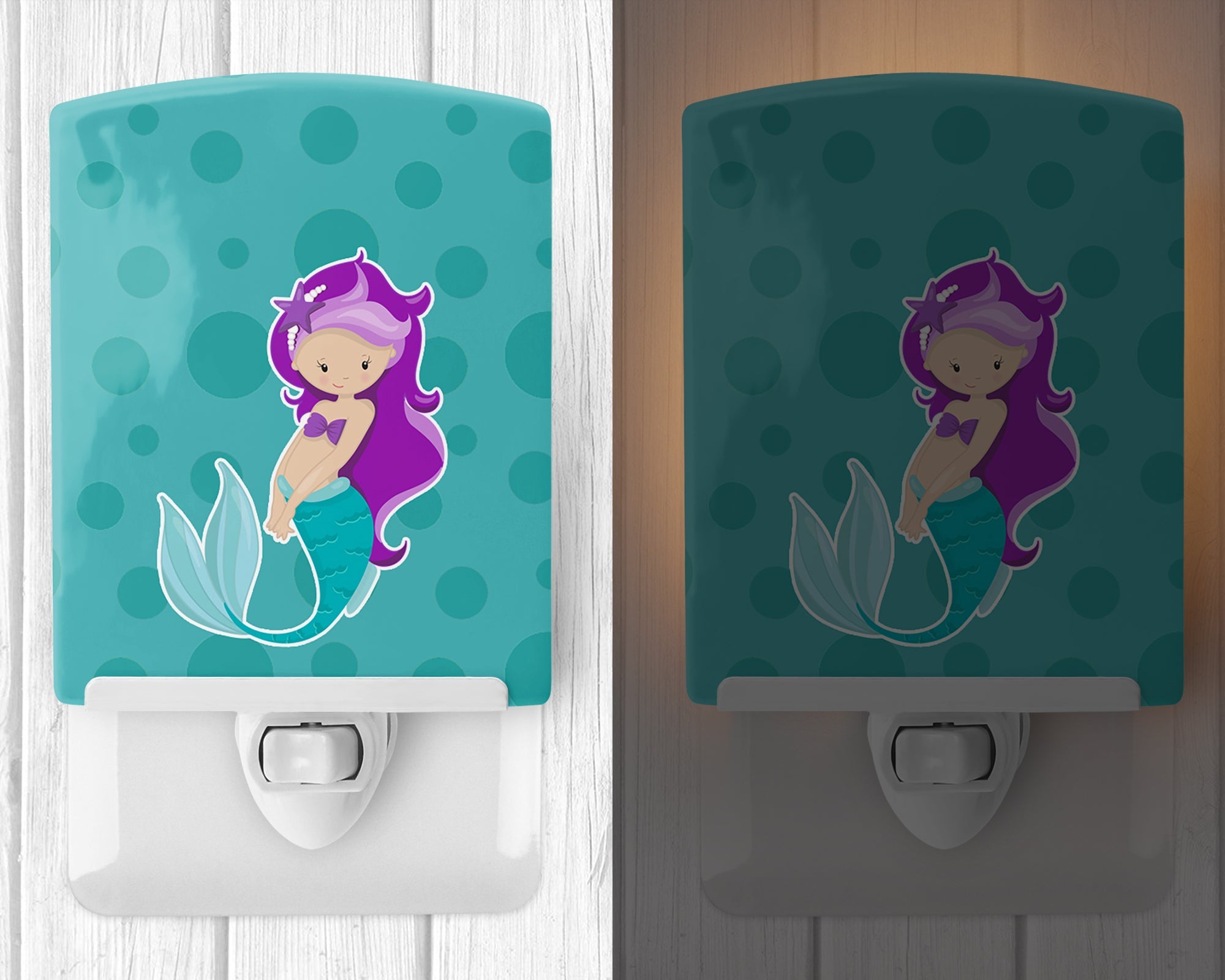 Beach Mermaid Purple Hair Ceramic Night Light Compact, UL-Certified, Ideal for Bedroom, Bathroom, Nursery, Hallway, Kitchen, 6x4x3, Multicolor
