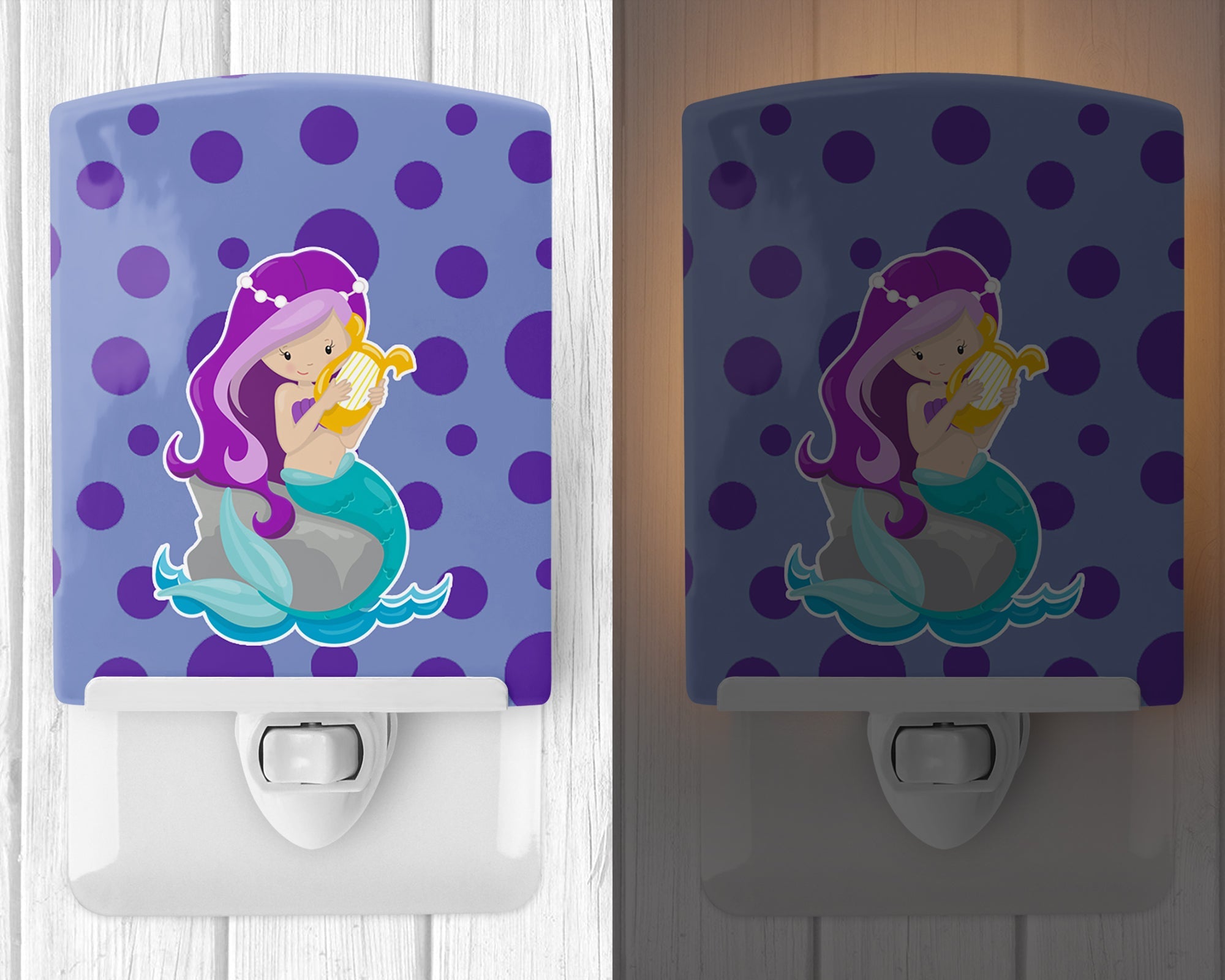 Beach Mermaid Purple Hair Grace Ceramic Night Light Compact, UL-Certified, Ideal for Bedroom, Bathroom, Nursery, Hallway, Kitchen, 6x4x3, Multicolor