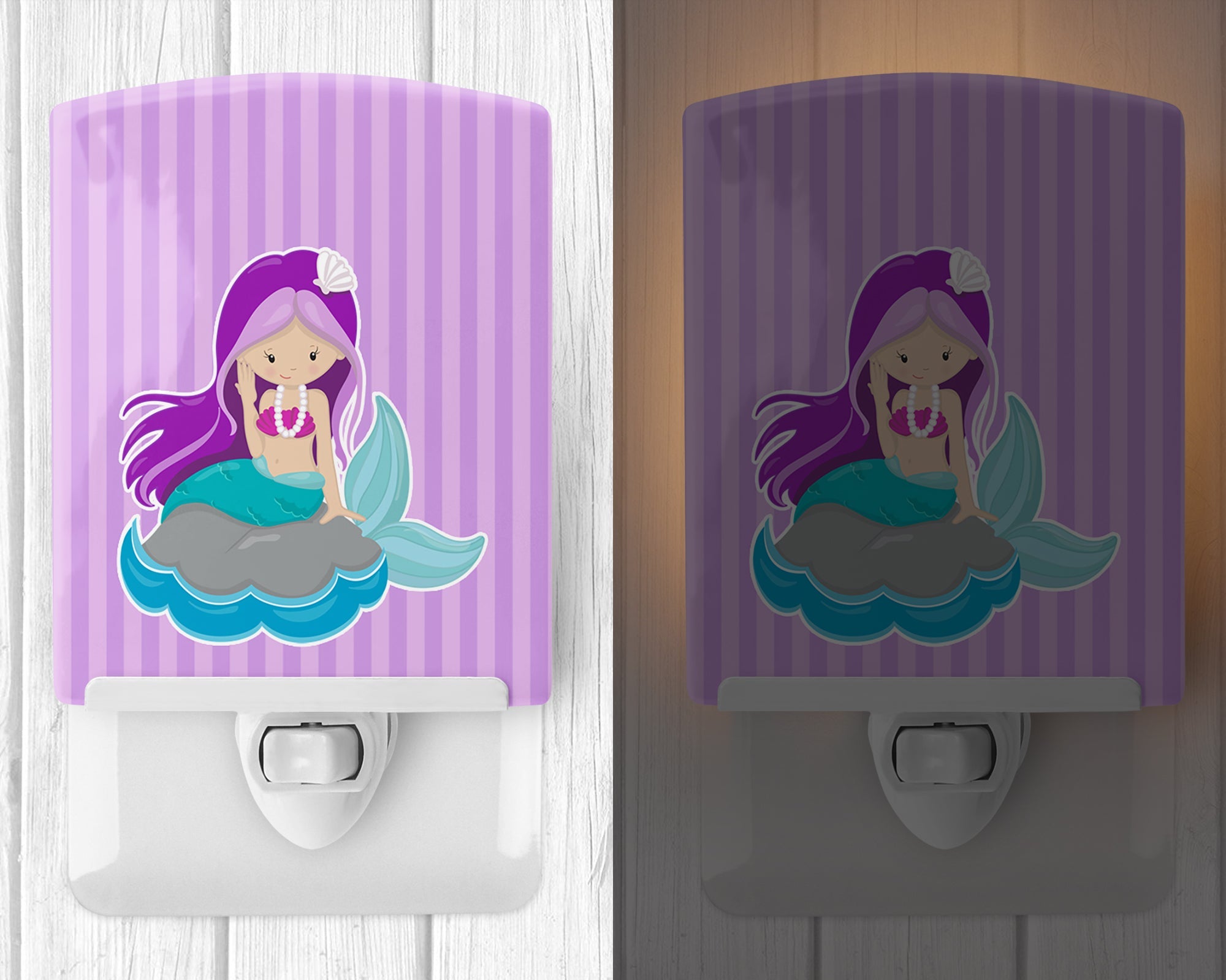 Beach Mermaid Purple Hair #3 Ceramic Night Light Compact, UL-Certified, Ideal for Bedroom, Bathroom, Nursery, Hallway, Kitchen, 6x4x3, Multicolor