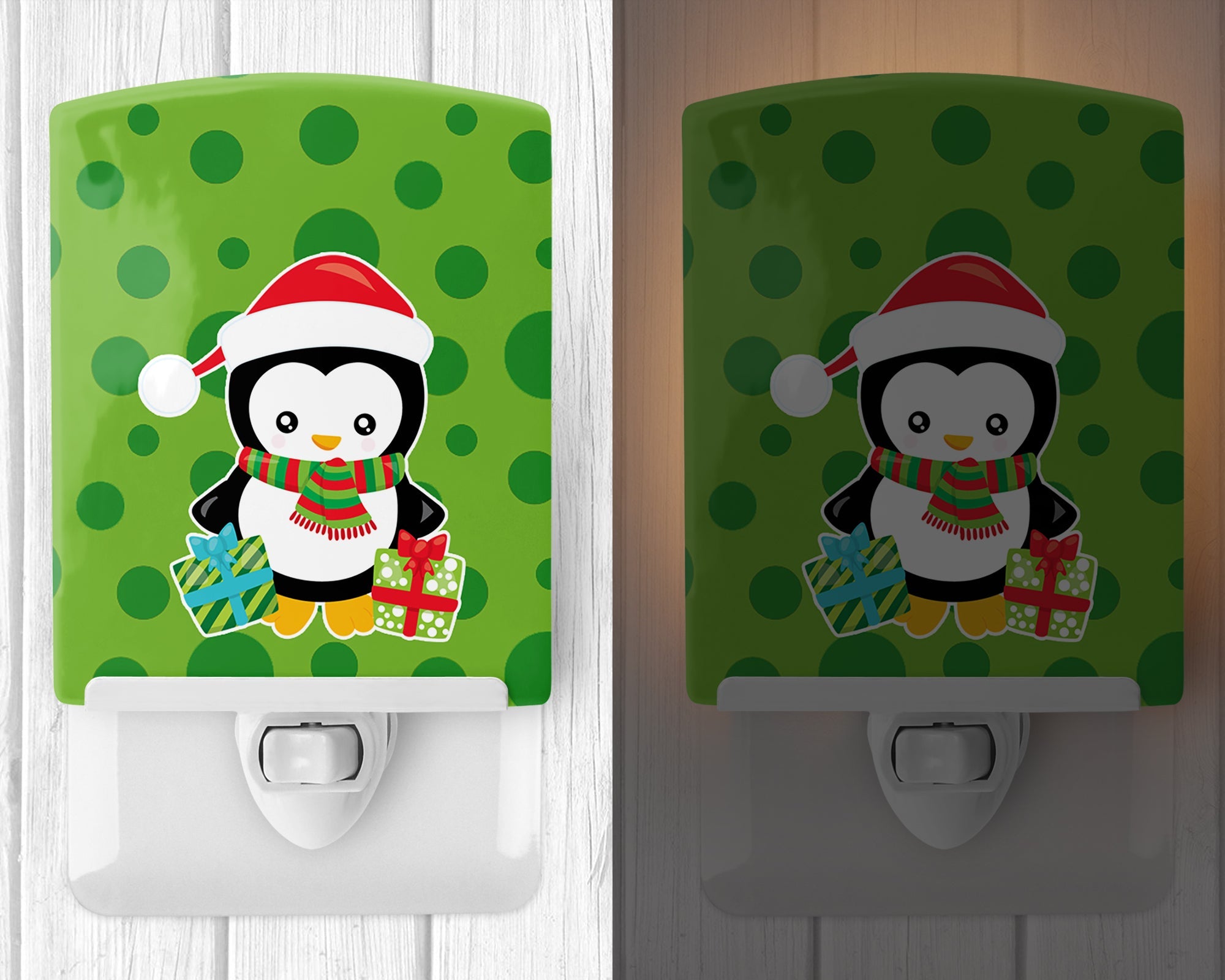 Christmas Penquin Presents Ceramic Night Light Compact, UL-Certified, Ideal for Bedroom, Bathroom, Nursery, Hallway, Kitchen, 6x4x3, Multicolor