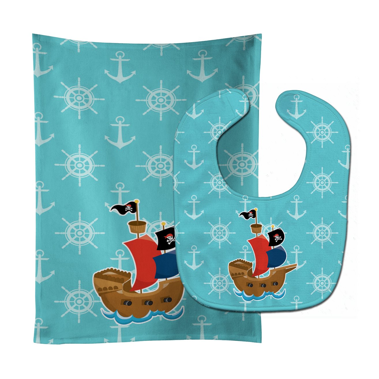 Pirate Ship Blue Baby Bib & Burp Cloth Easy-Clean Baby Bib Baby Feeding Accessory Baby Mealtime Essential