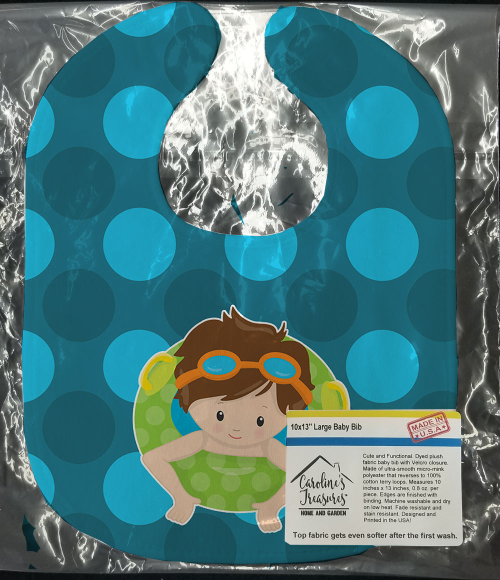 Summer Pool Boy in Tube Brunette Baby Bib Easy-Clean Baby Bib Baby Feeding Accessory Baby Mealtime Essential, 10 x 13, Multicolor