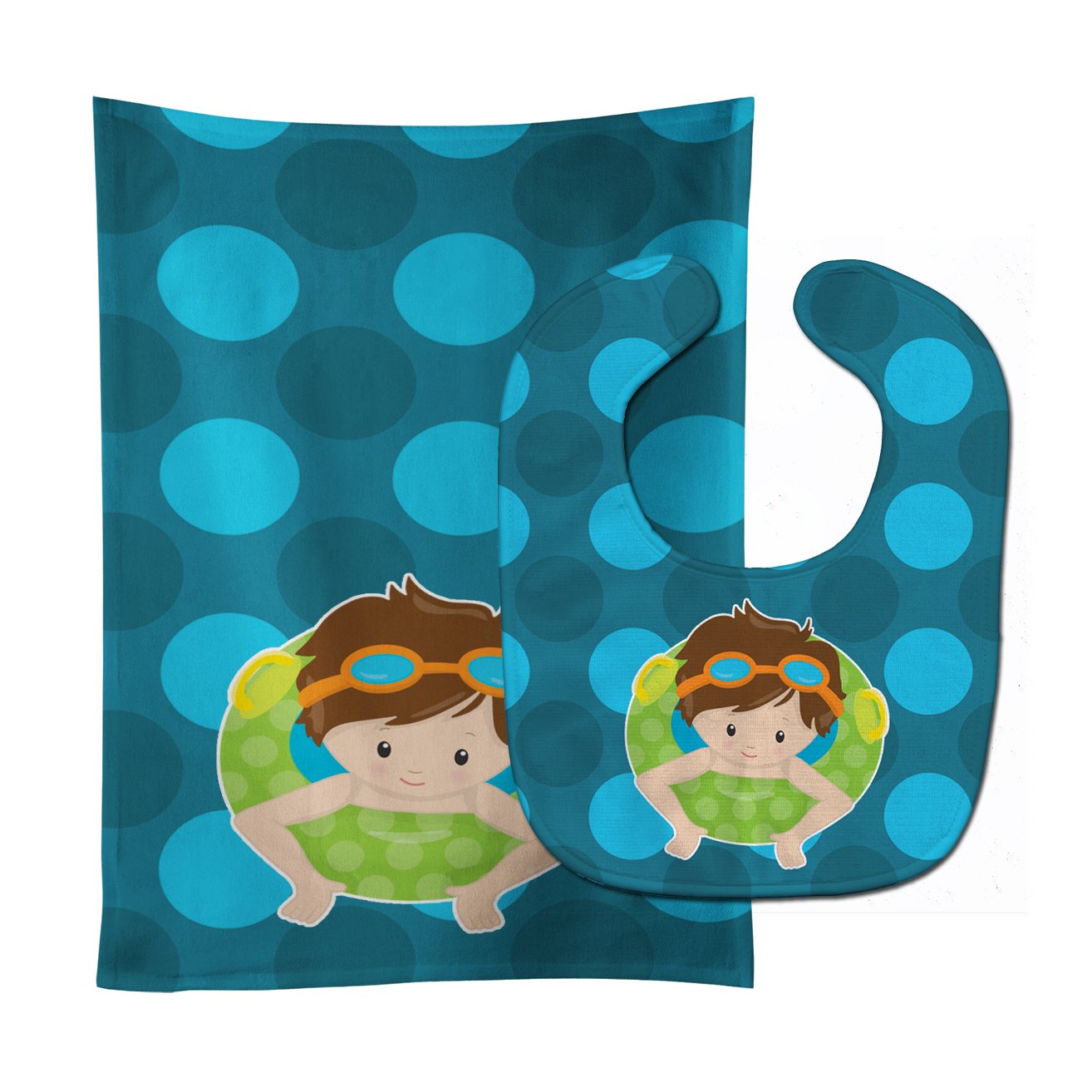Summer Pool Boy in Tube Brunette Baby Bib & Burp Cloth Easy-Clean Baby Bib Baby Feeding Accessory Baby Mealtime Essential