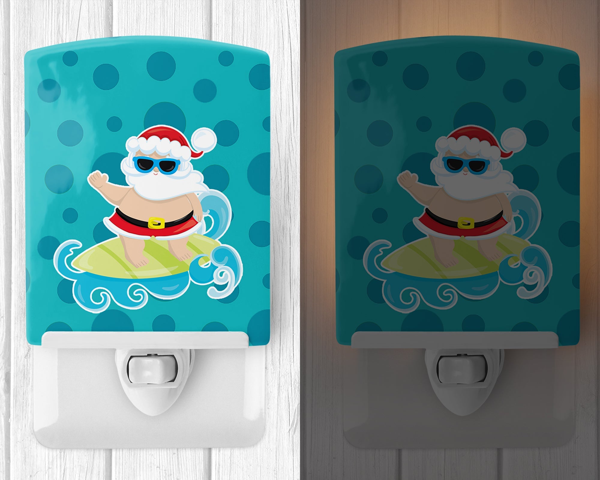Beach Santa Claus Surfer #1 Ceramic Night Light Compact, UL-Certified, Ideal for Bedroom, Bathroom, Nursery, Hallway, Kitchen, 6x4x3, Multicolor