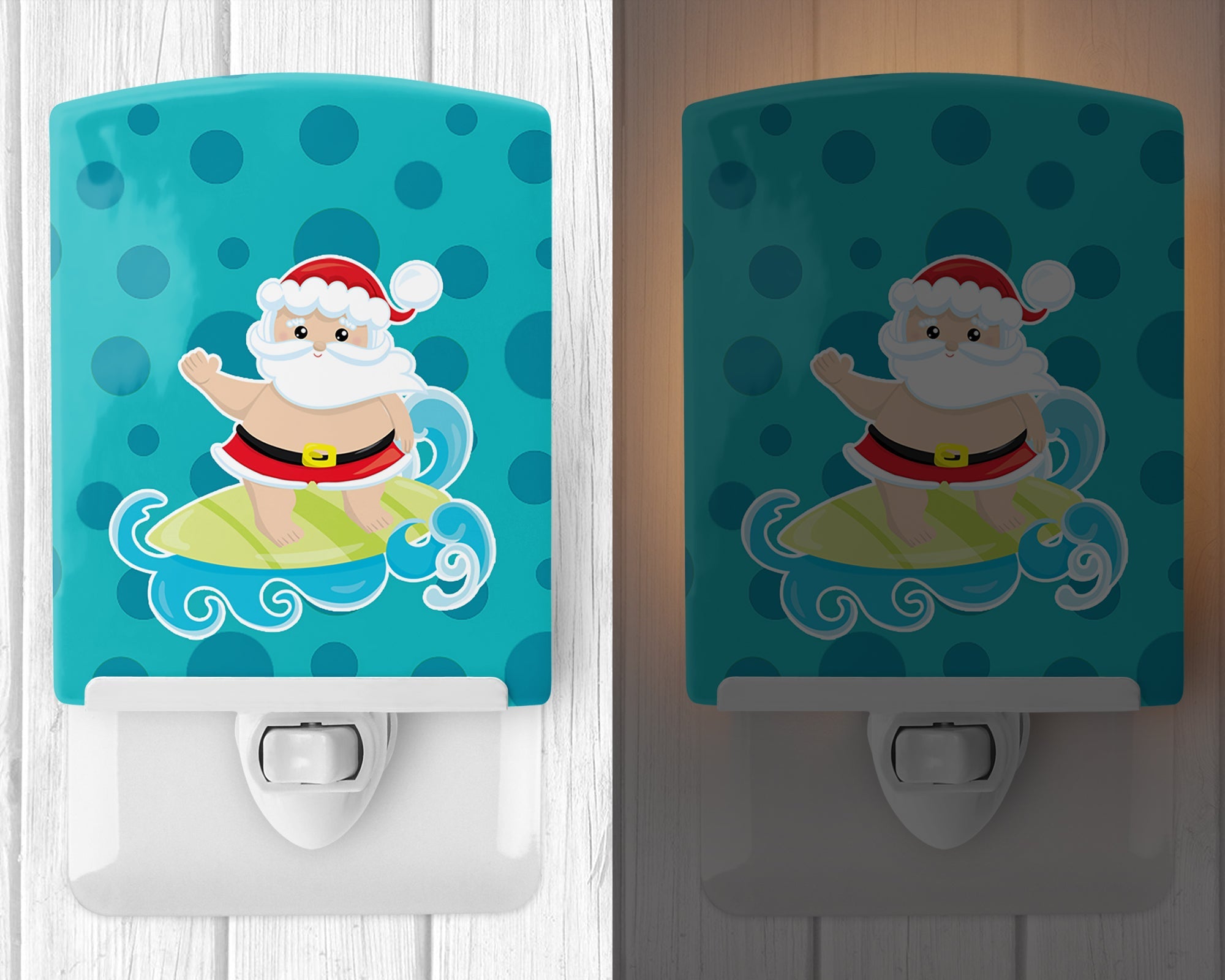 Beach Santa Claus Surfer #2 Ceramic Night Light Compact, UL-Certified, Ideal for Bedroom, Bathroom, Nursery, Hallway, Kitchen, 6x4x3, Multicolor
