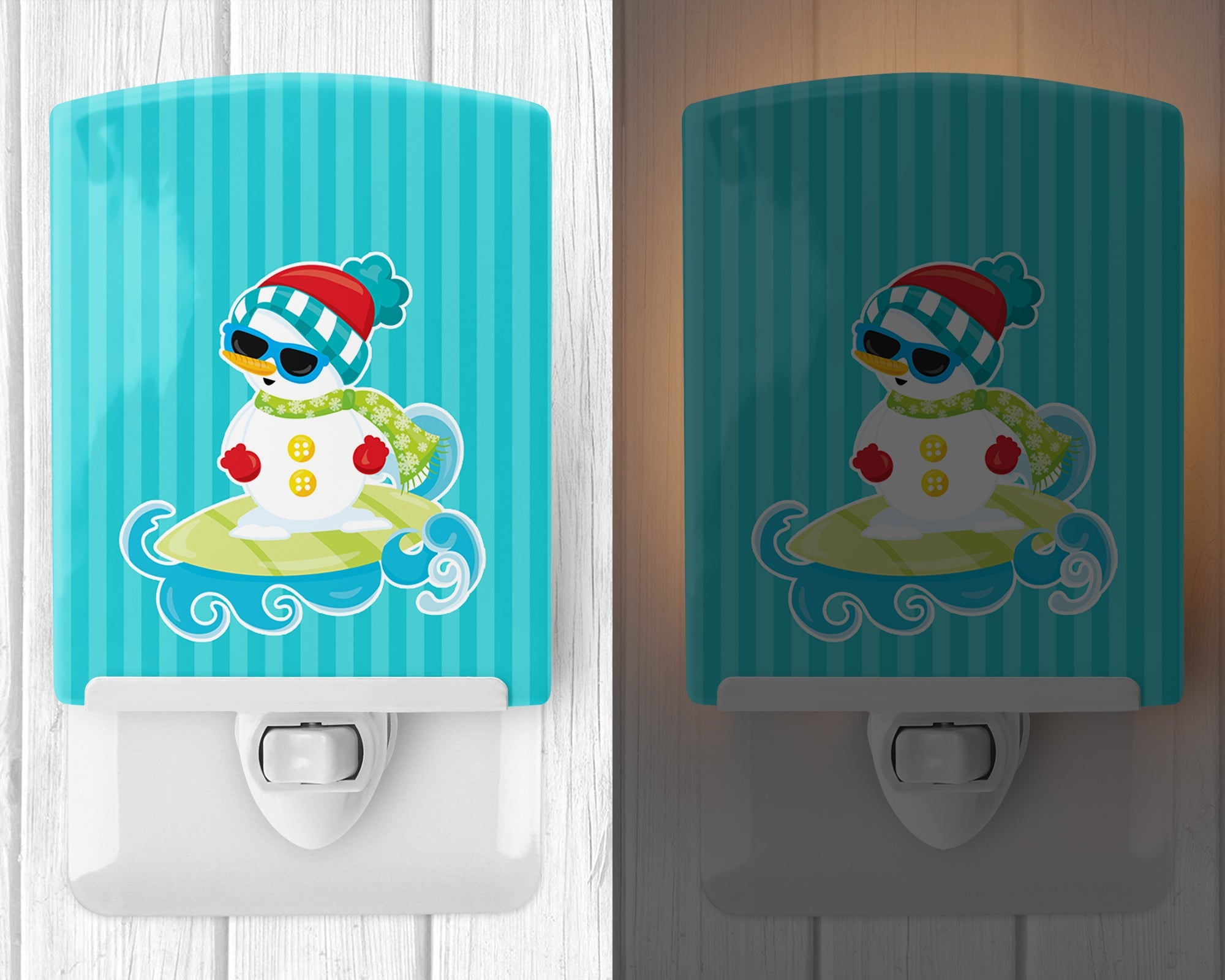 Beach Snowman Surfer #2 Ceramic Night Light Compact, UL-Certified, Ideal for Bedroom, Bathroom, Nursery, Hallway, Kitchen, 6x4x3, Multicolor