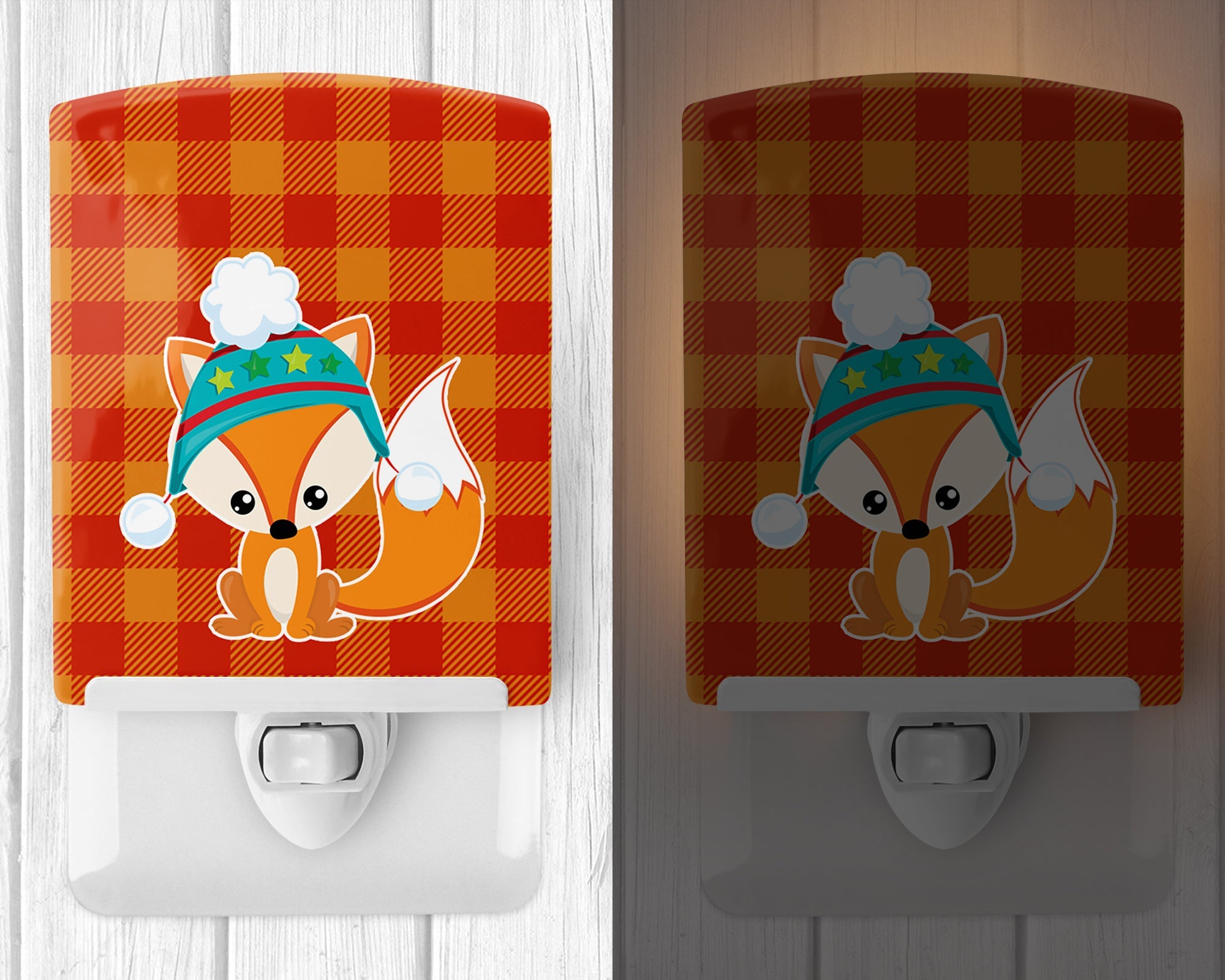 Christmas Fox #2 Ceramic Night Light Compact, UL-Certified, Ideal for Bedroom, Bathroom, Nursery, Hallway, Kitchen, 6x4x3, Multicolor