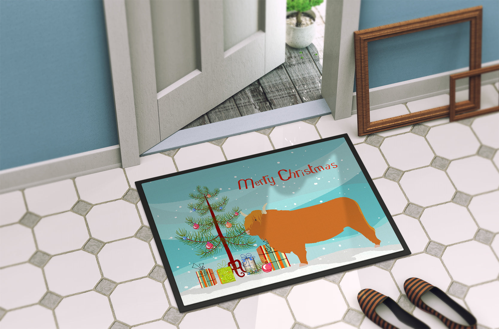 Highland Cow Christmas Doormat Indoor Outdoor 24H X 36W Front Door Mat Rugs for Entryway, Non Slip Washable Low Pile,