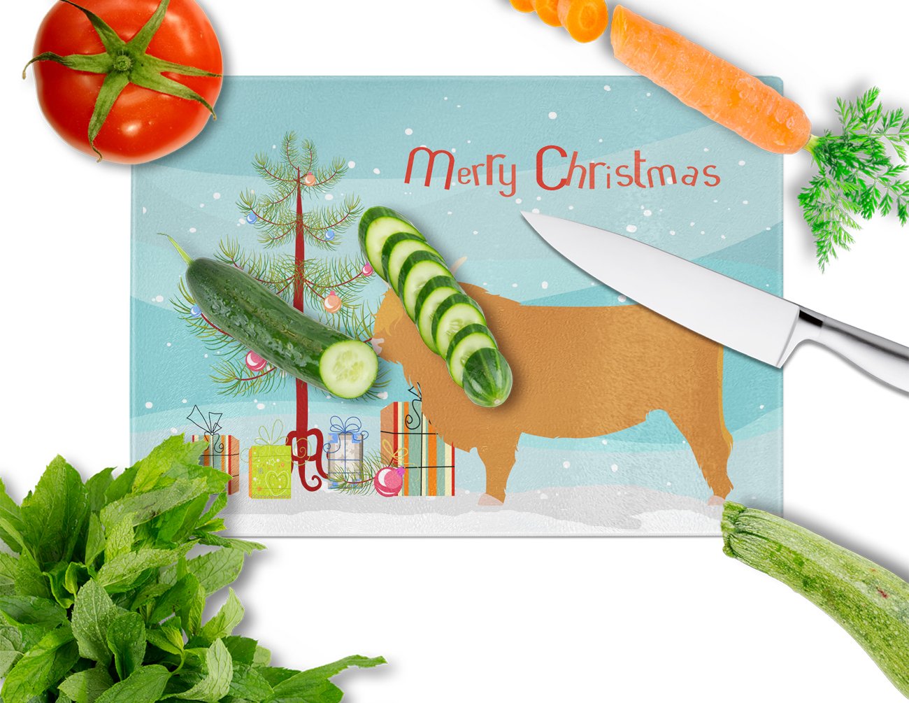 Highland Cow Christmas Cutting Board Tempered Glass Kitchen Cutting Surface, Heat Resistant Chopping, Non-Slip Feet, Food Prep & Serving
