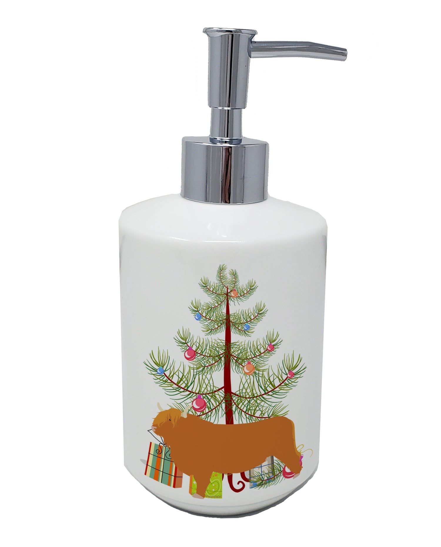 Highland Cow Christmas Ceramic Soap Dispenser , Empty Refillable Hand Soap Pump Bottle for Bathroom Kitchen