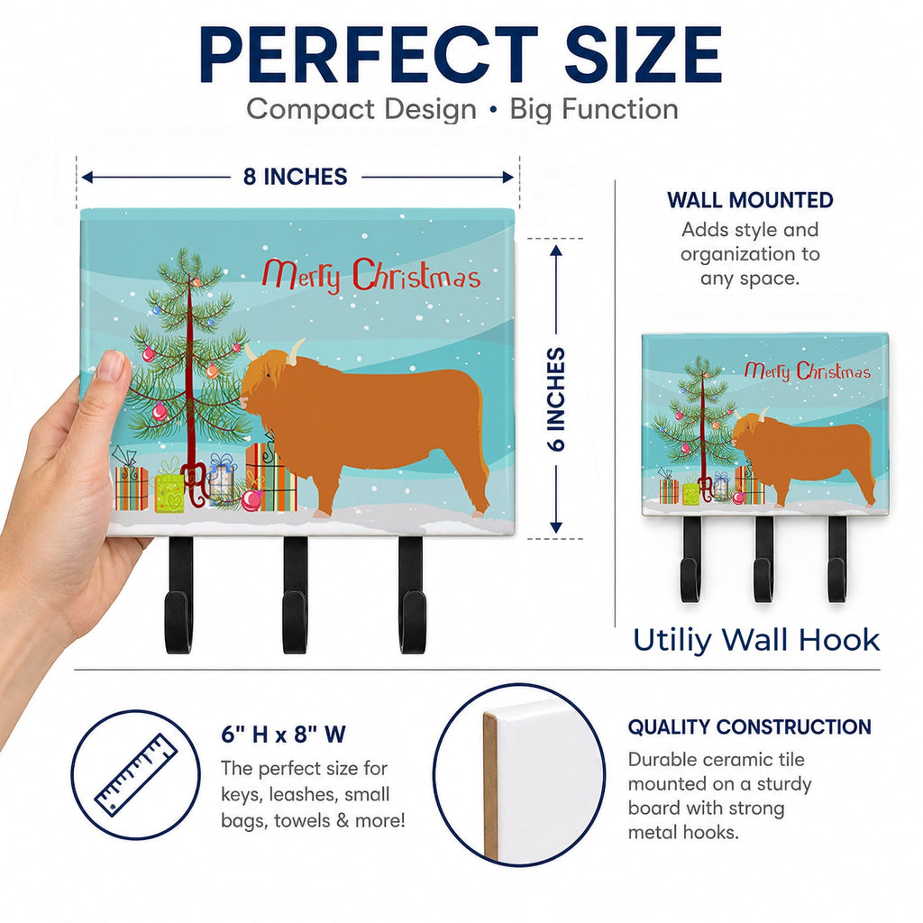 Highland Cow Christmas Leash or Key Holder Wall Hooks, Coat Rack Wall Mount, for Hanging Keys, Towels, Aprons, Leashes
