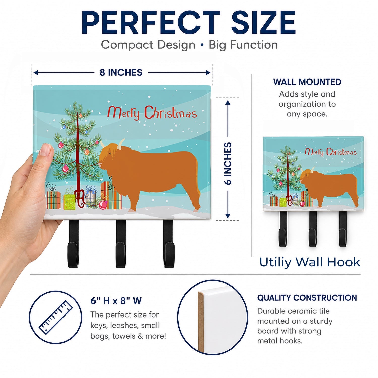 Highland Cow Christmas Leash or Key Holder Wall Hooks, Coat Rack Wall Mount, for Hanging Keys, Towels, Aprons, Leashes