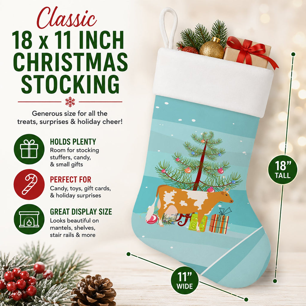 Guernsey Cow Christmas Holiday Stocking Double-Sided Print, Polyester Suede,11x18, Made in USA