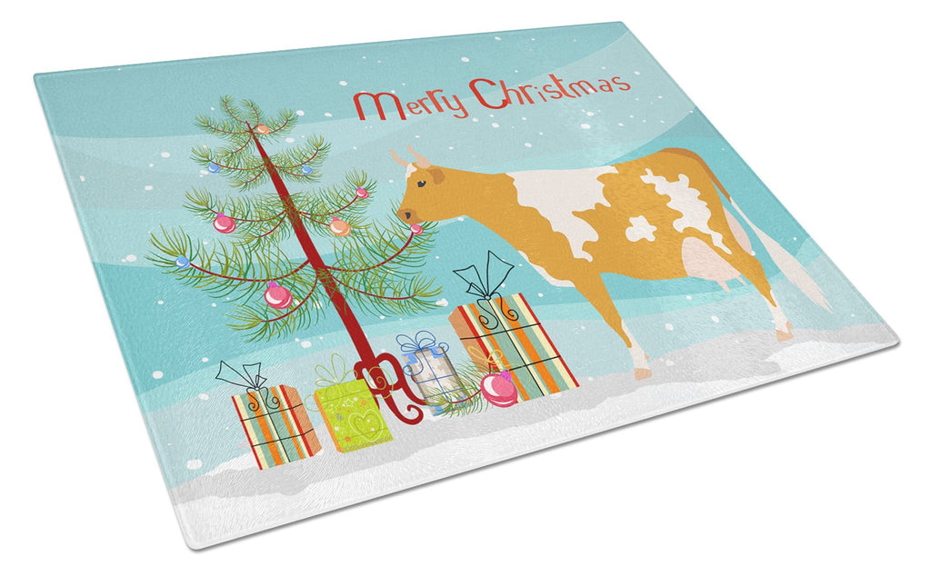 Guernsey Cow Christmas Cutting Board Tempered Glass Kitchen Cutting Surface, Heat Resistant Chopping, Non-Slip Feet, Food Prep & Serving