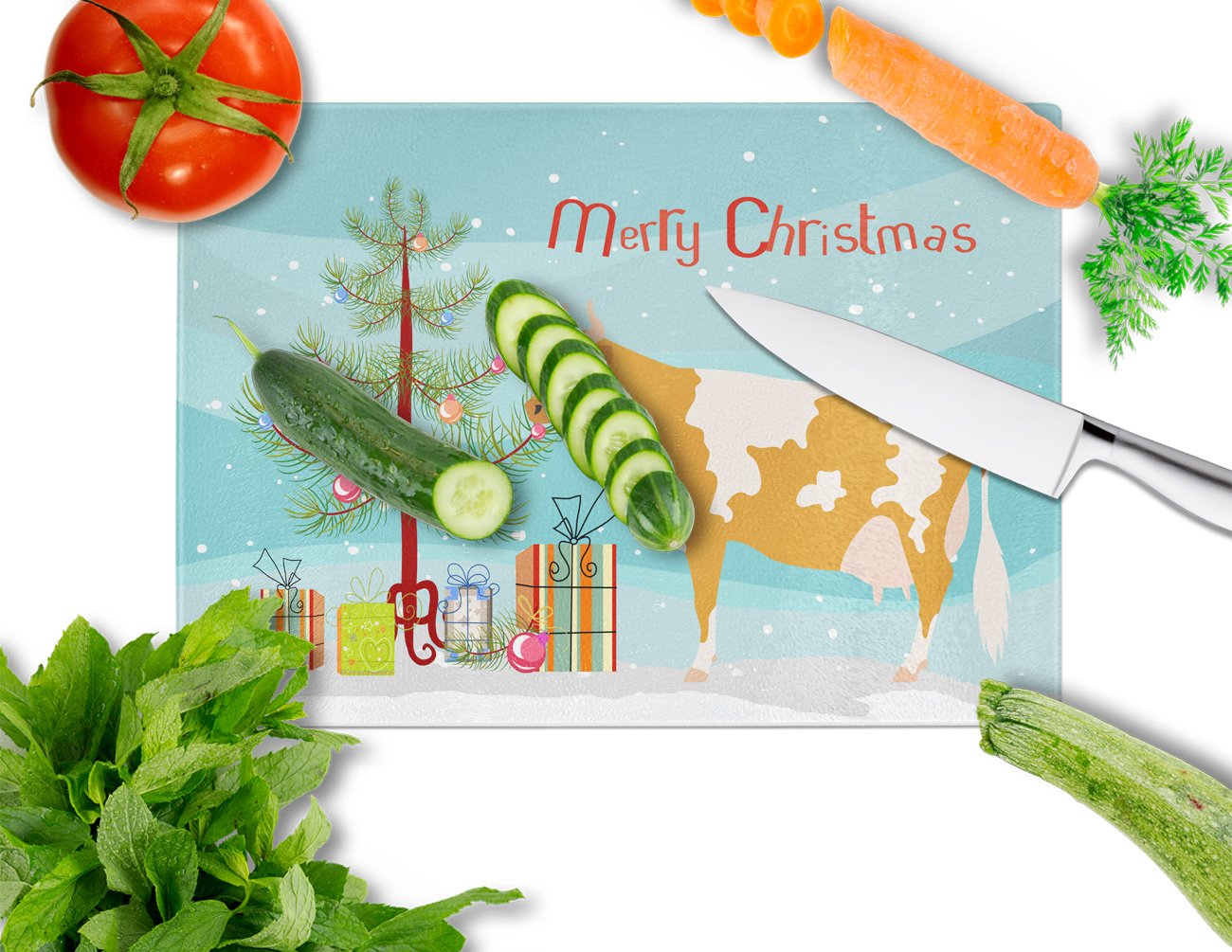 Guernsey Cow Christmas Cutting Board Tempered Glass Kitchen Cutting Surface, Heat Resistant Chopping, Non-Slip Feet, Food Prep & Serving