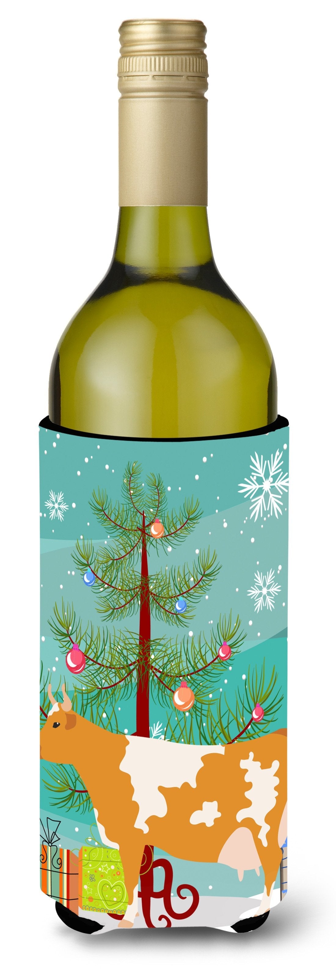 Guernsey Cow Christmas Wine Bottle Hugger Gift Sleeve for Standard 750 ml Bottles, Insulated Reusable Also Fits Mini Shot & Pint Bottles