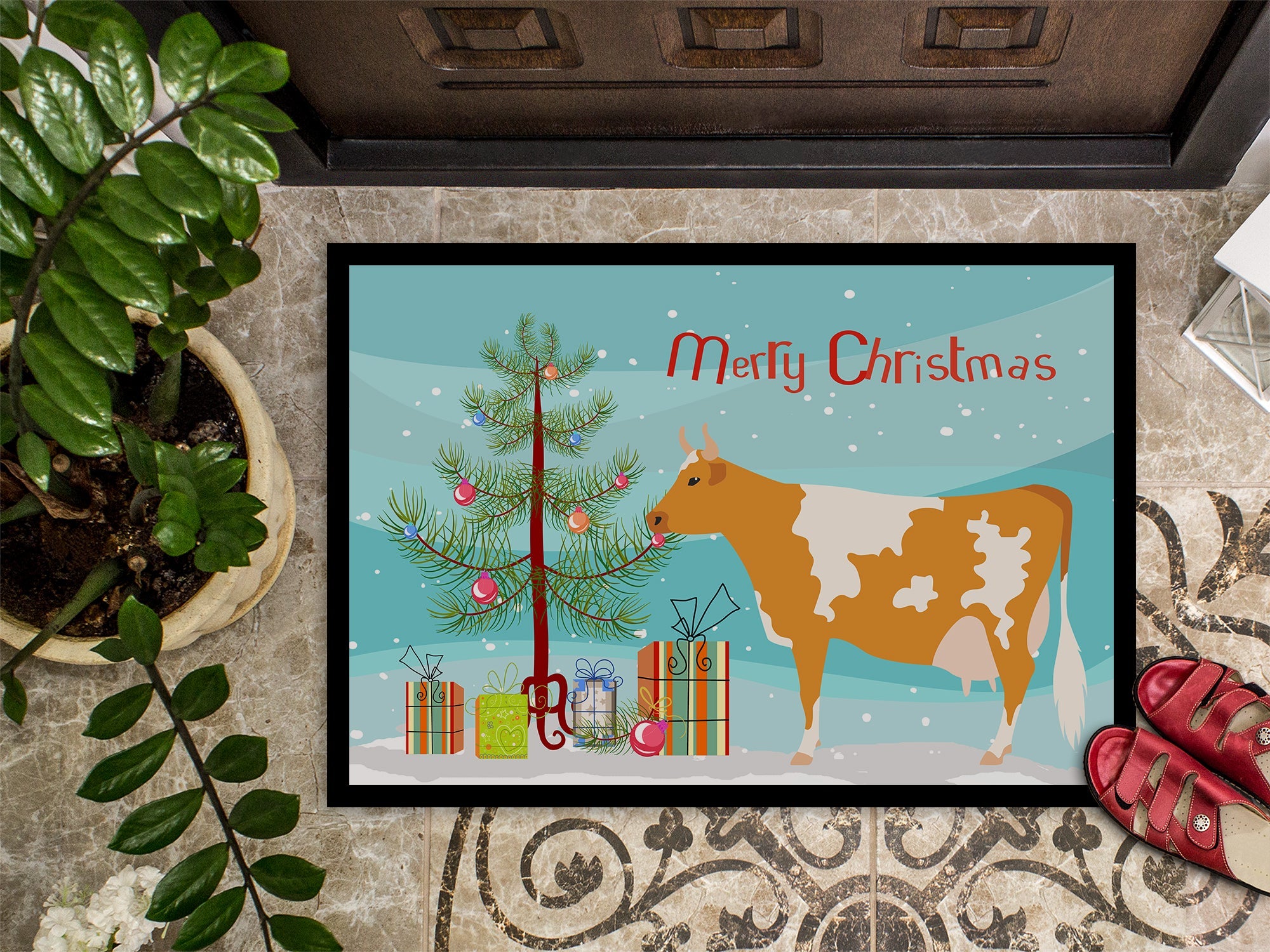 Guernsey Cow Christmas Doormat Indoor Outdoor 18H X 27W Front Door Mat Rugs for Entryway, Non Slip Washable