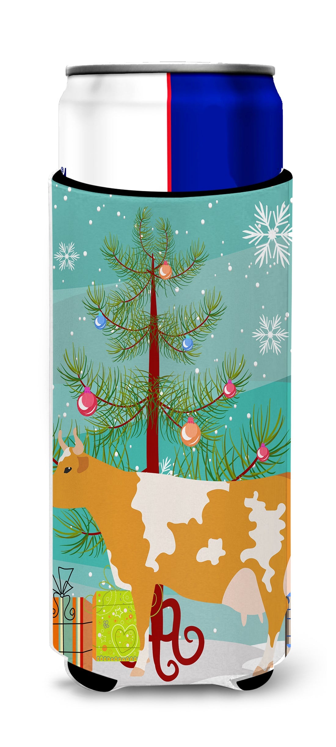 Guernsey Cow Christmas Slim Can Hugger , Insulated Foam Hugger for 12 oz Slim Cans, Beer Bottles & Water Bottles, Printed in USA