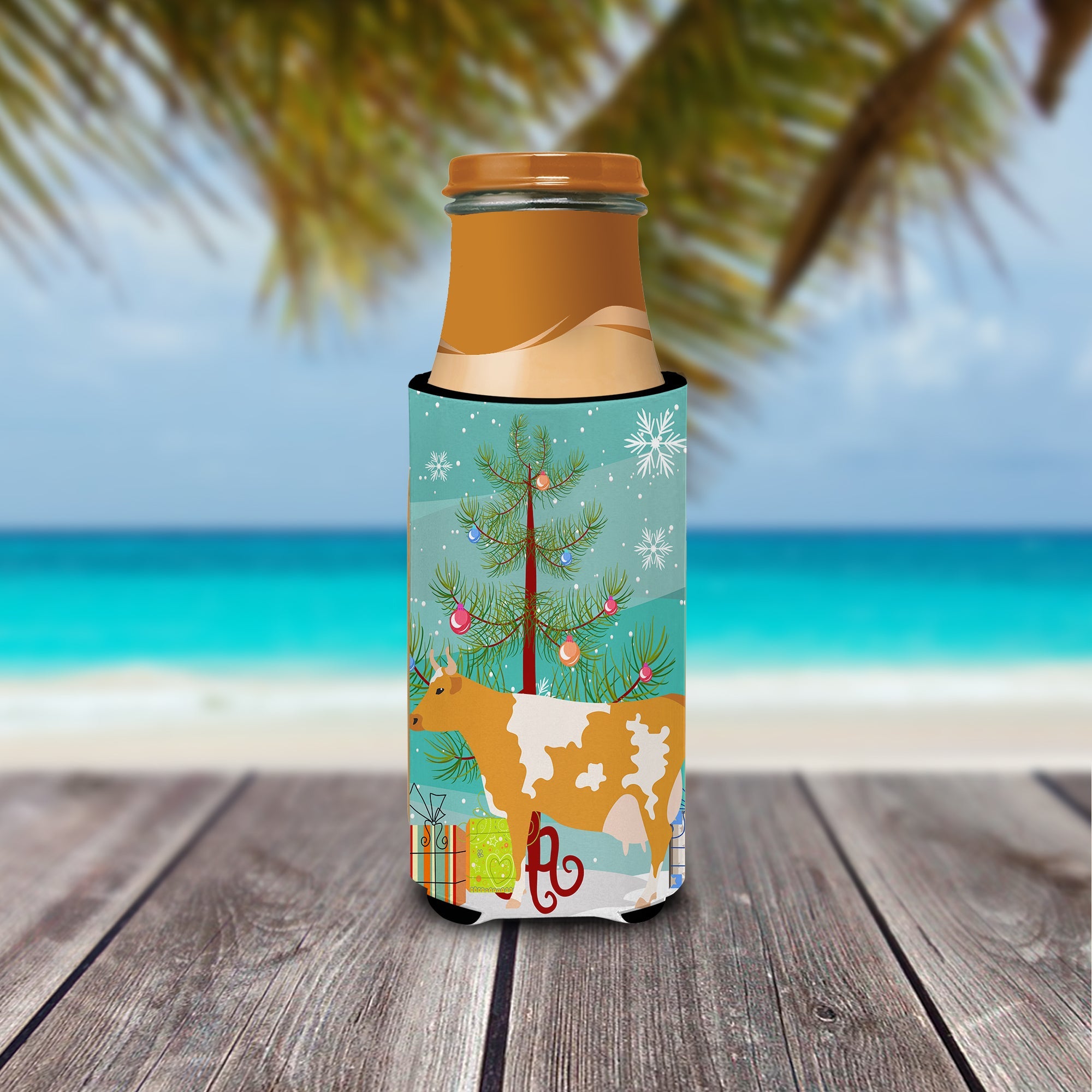 Guernsey Cow Christmas Slim Can Hugger , Insulated Foam Hugger for 12 oz Slim Cans, Beer Bottles & Water Bottles, Printed in USA