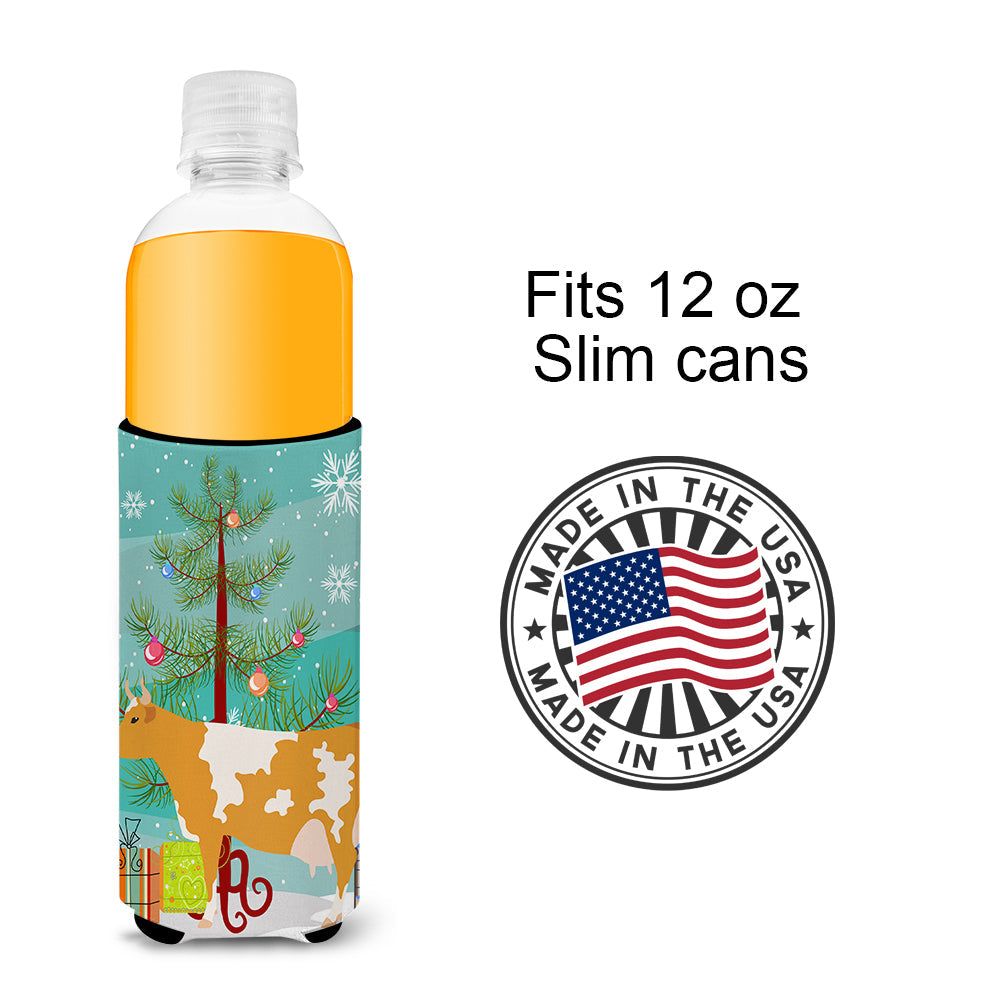 Guernsey Cow Christmas Slim Can Hugger , Insulated Foam Hugger for 12 oz Slim Cans, Beer Bottles & Water Bottles, Printed in USA