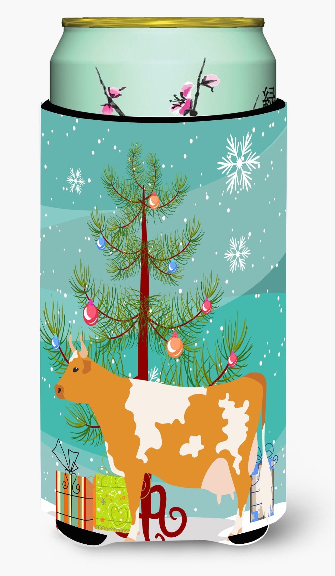 Guernsey Cow Christmas Tall Boy Hugger Can Cooler Sleeve Machine Washable Drink Collapsible Insulator Beverage Insulated Holder