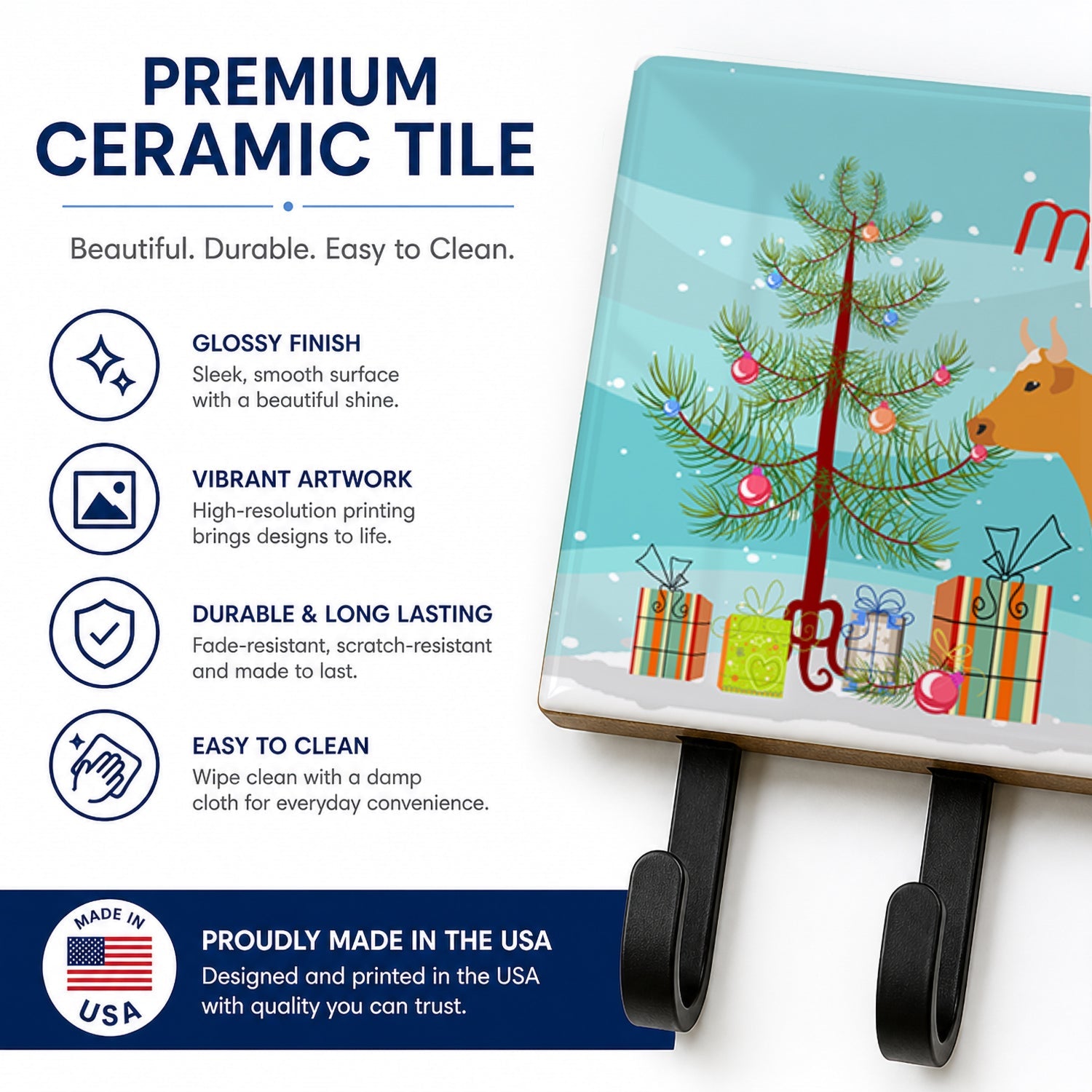 Guernsey Cow Christmas Leash or Key Holder Wall Hooks, Coat Rack Wall Mount, for Hanging Keys, Towels, Aprons, Leashes