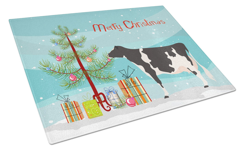 Holstein Cow Christmas Cutting Board Tempered Glass Kitchen Cutting Surface, Heat Resistant Chopping, Non-Slip Feet, Food Prep & Serving