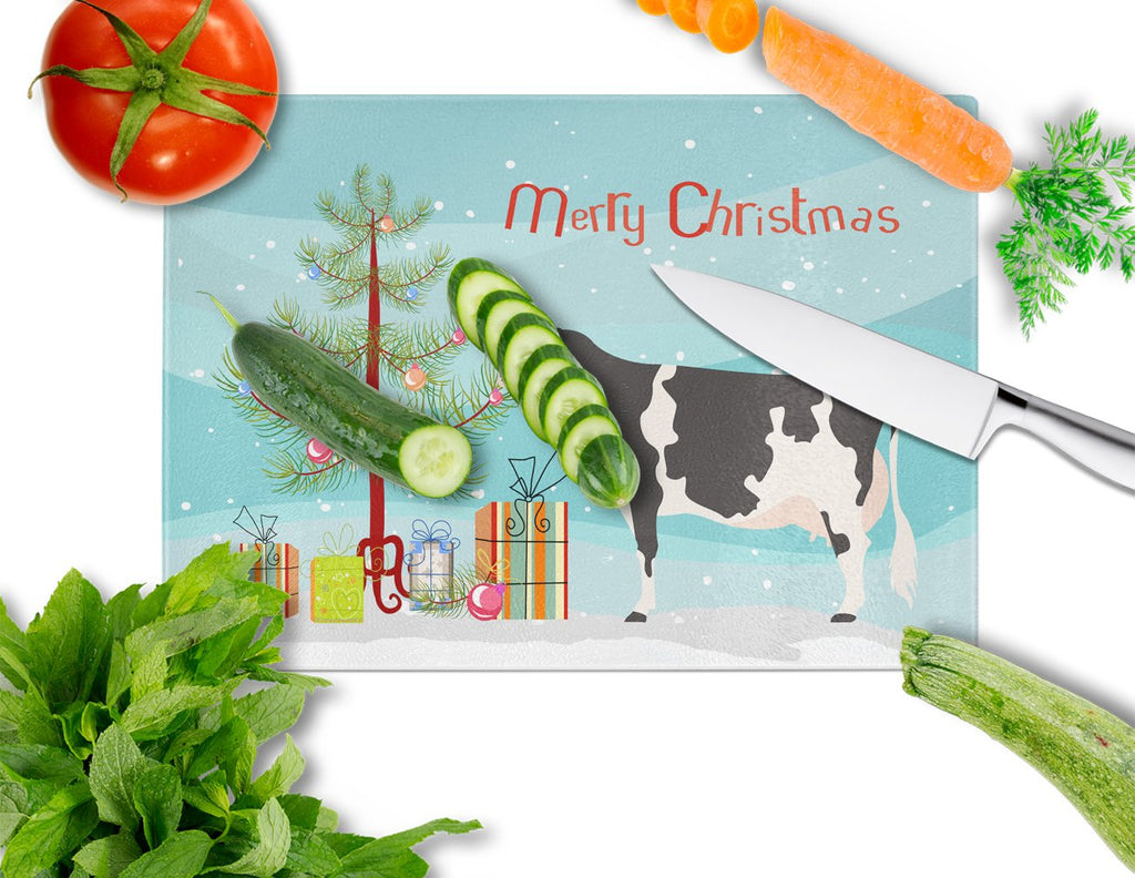 Holstein Cow Christmas Cutting Board Tempered Glass Kitchen Cutting Surface, Heat Resistant Chopping, Non-Slip Feet, Food Prep & Serving