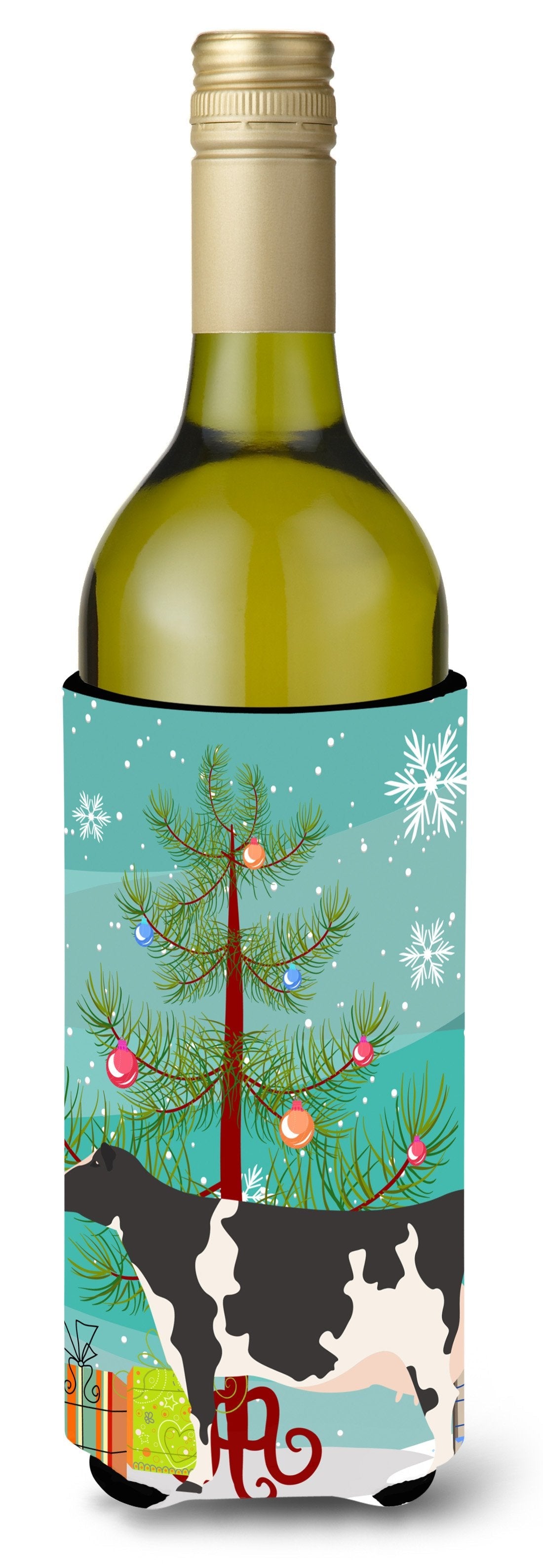Holstein Cow Christmas Wine Bottle Hugger Gift Sleeve for Standard 750 ml Bottles, Insulated Reusable Also Fits Mini Shot & Pint Bottles