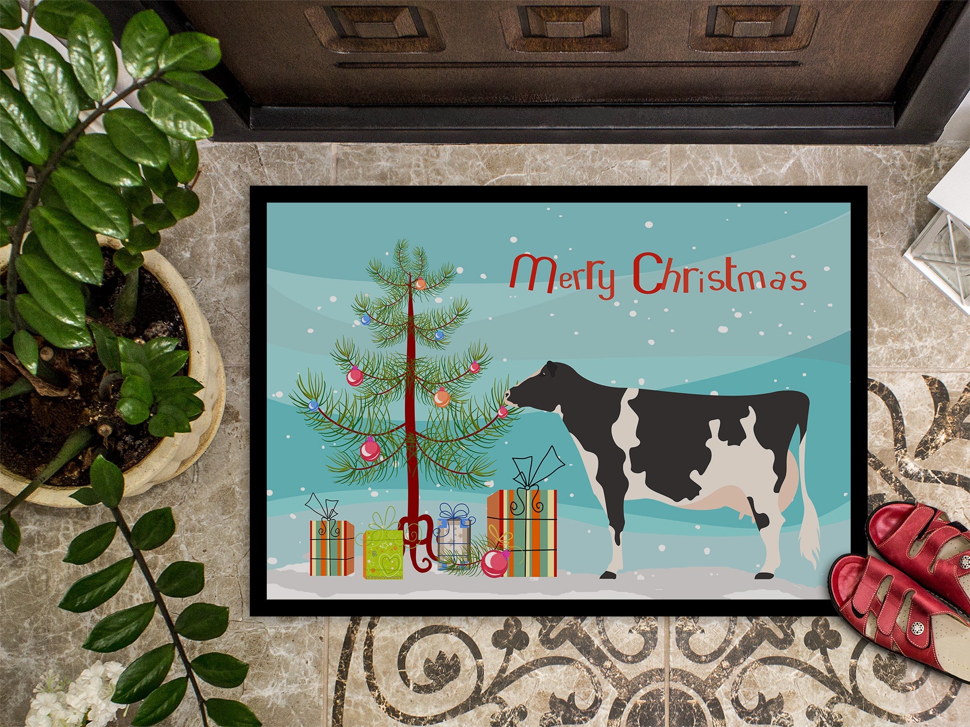 Holstein Cow Christmas Doormat Indoor Outdoor 18H X 27W Front Door Mat Rugs for Entryway, Non Slip Washable