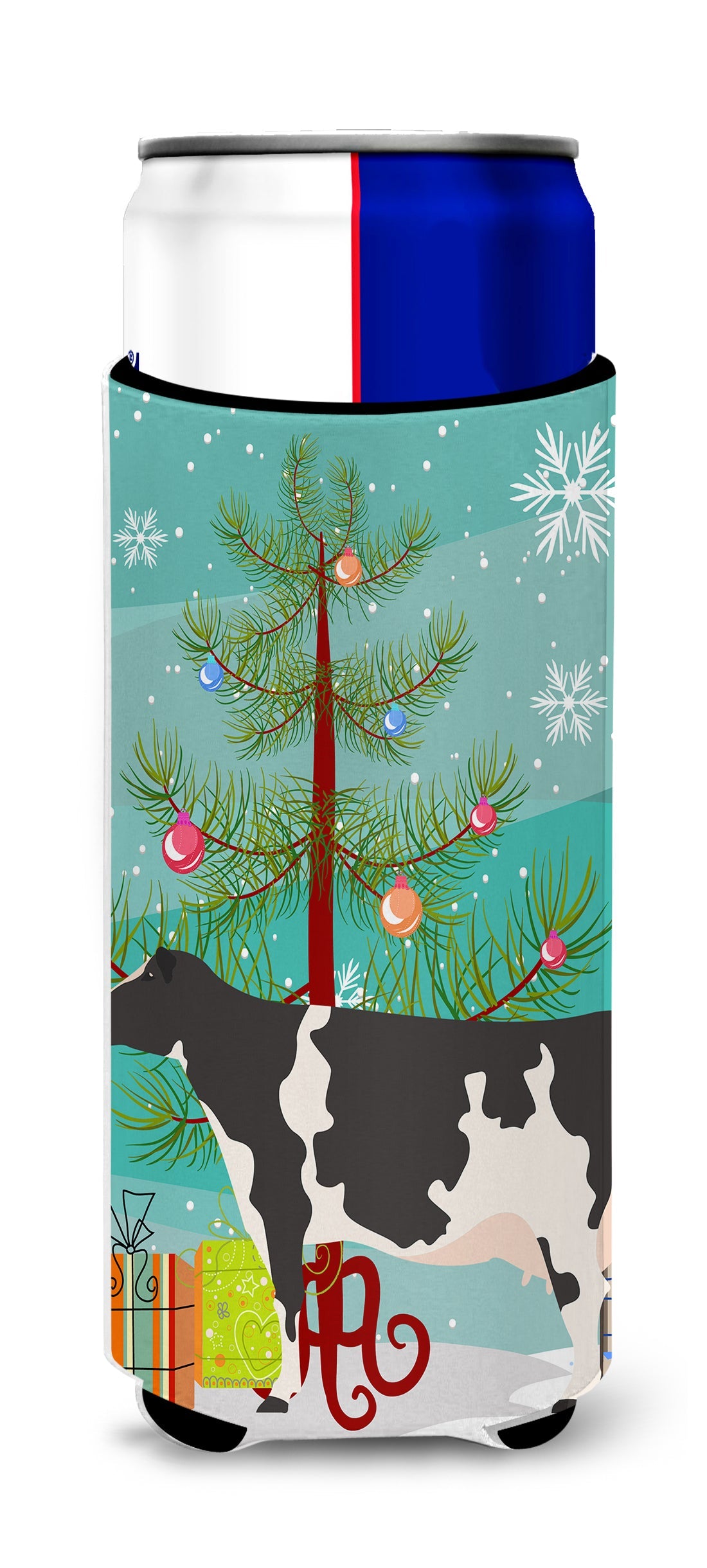 Holstein Cow Christmas Slim Can Hugger , Insulated Foam Hugger for 12 oz Slim Cans, Beer Bottles & Water Bottles, Printed in USA