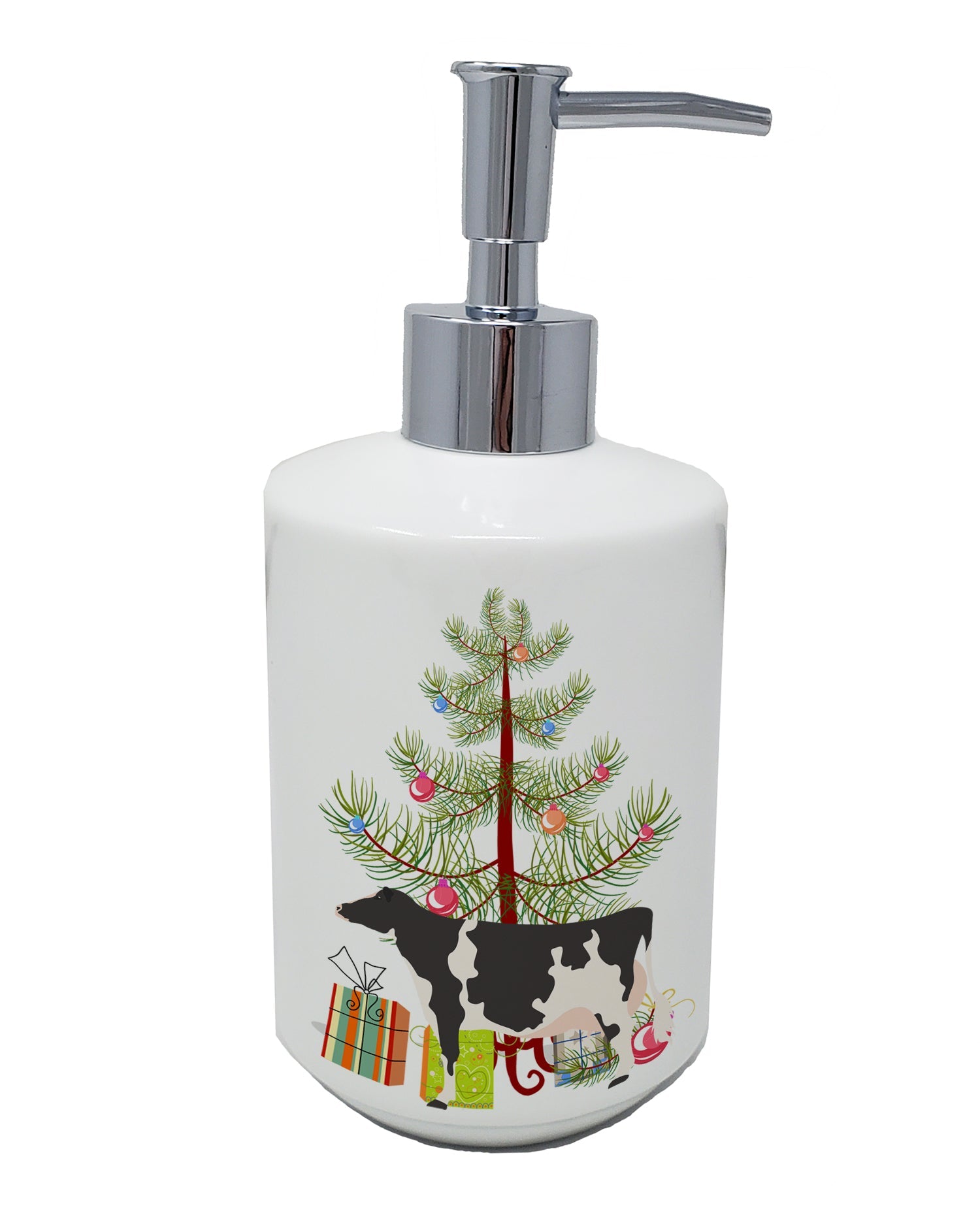 Holstein Cow Christmas Ceramic Soap Dispenser , Empty Refillable Hand Soap Pump Bottle for Bathroom Kitchen
