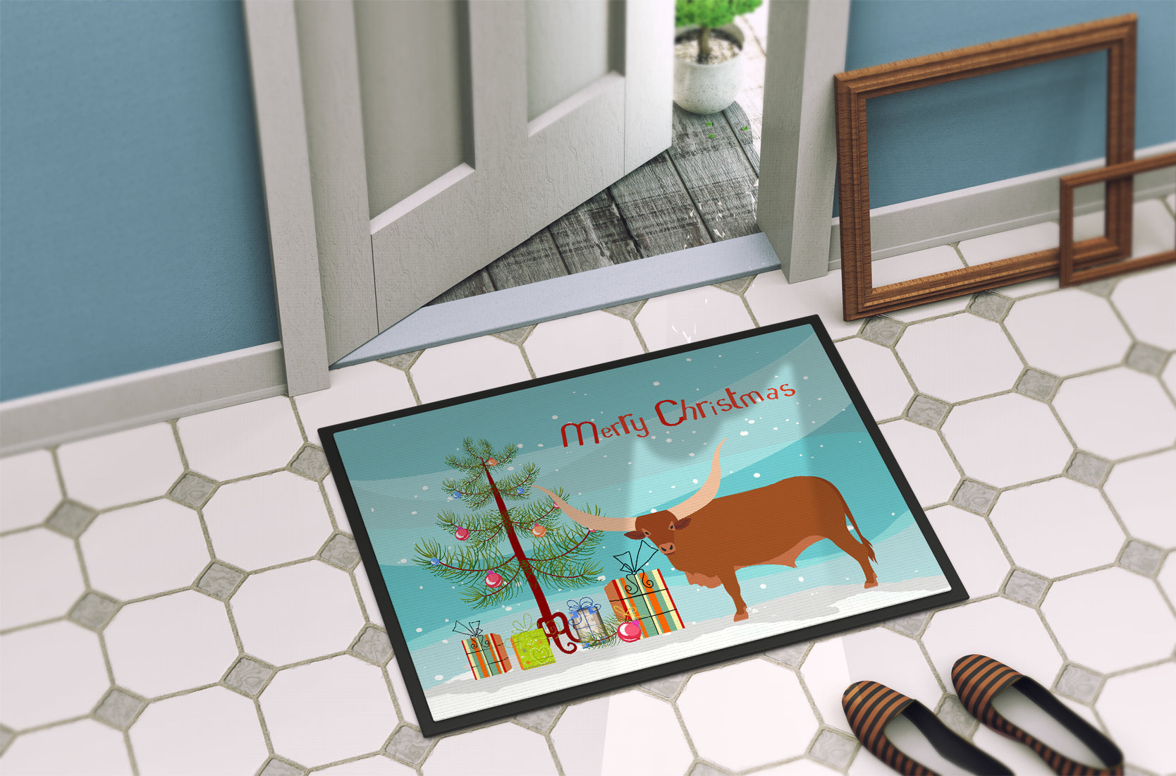 Ankole-Watusu Cow Christmas Doormat Indoor Outdoor 24H X 36W Front Door Mat Rugs for Entryway, Non Slip Washable Low Pile,