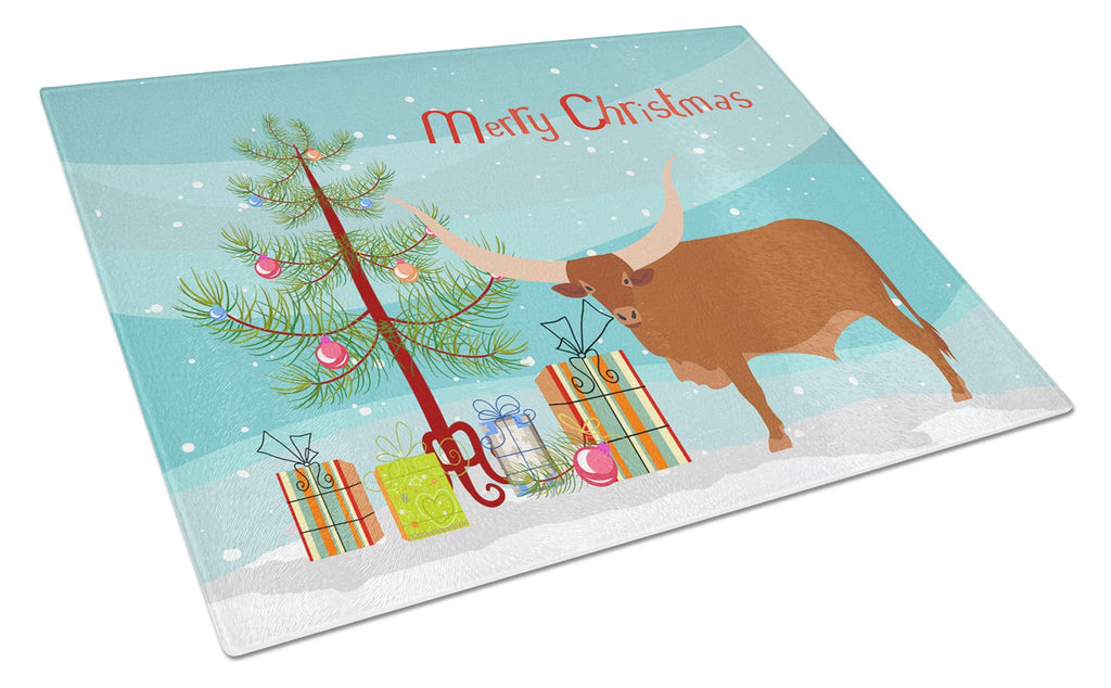 Ankole-Watusu Cow Christmas Cutting Board Tempered Glass Kitchen Cutting Surface, Heat Resistant Chopping, Non-Slip Feet, Food Prep & Serving